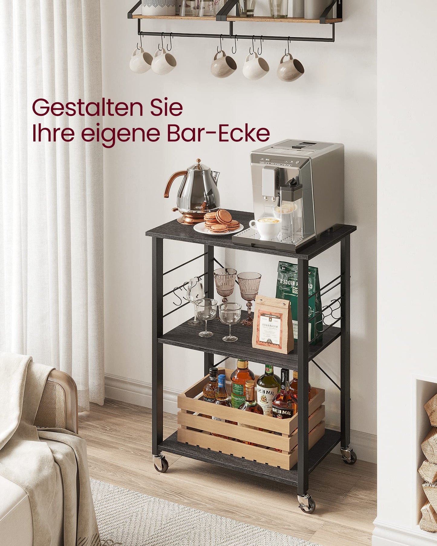 VASAGLE KKS60XV1 Kitchen Rack on Wheels Serving Trolley 3 Tier Kitchen Trolley Mini Oven Microwave Metal Frame 6 Hooks 40 x 60 x 89 cm Vintage Brown Ink Black