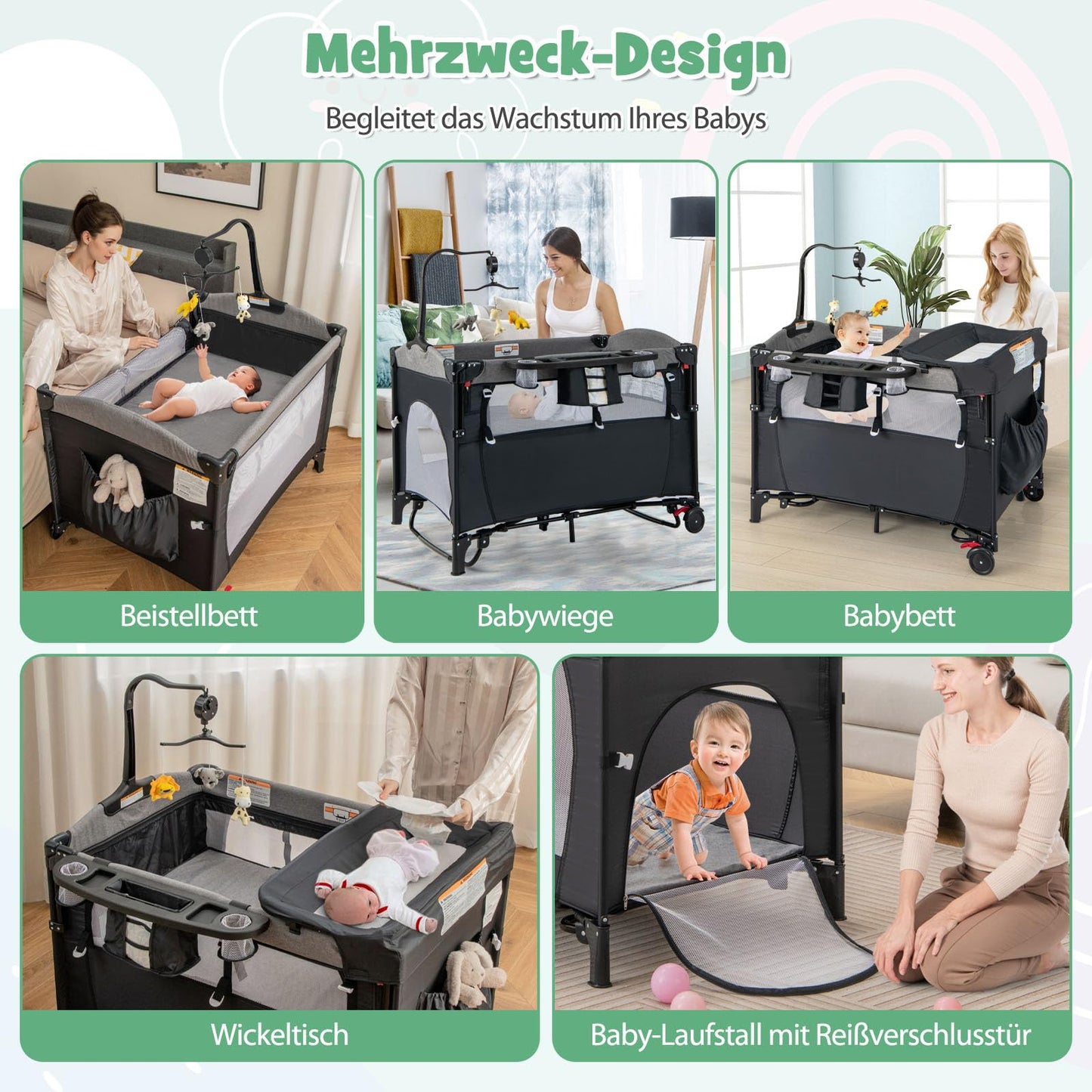 DREAMADE 5-in-1 Baby Travel Cot, 120 x 60 cm, Side Bed with Mattress & Changing Table, Music Box & Toy, Height-Adjustable Baby Bed for Baby from Birth (Dark Grey)