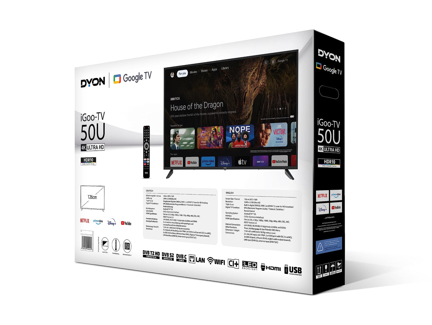 DYON iGoo-TV 50U-2 - 50 Inch (126 cm) 4K Ultra HD Smart TV with Google TV, HDR10, Triple Tuner (DVB-S2/C/T2), WiFi, Bluetooth, Google Assistant, Netflix, Prime Video, [2025 Model]
