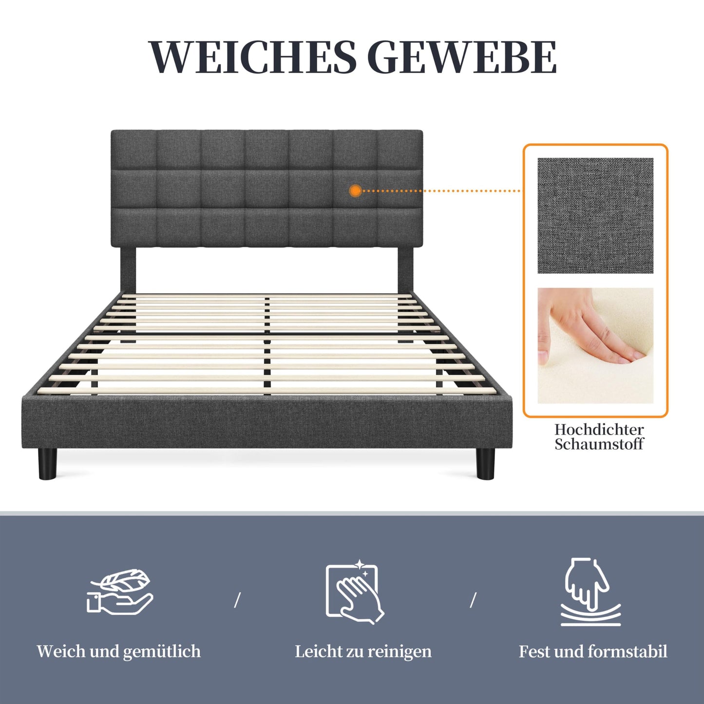 Yaheetech Upholstered Bed 140 x 200 cm Double Bed with Height-Adjustable Headboard, Sturdy Bed Frame, Fabric Bed with Slatted Frame, Padded Bed Frame, Youth Bed, Dark Grey