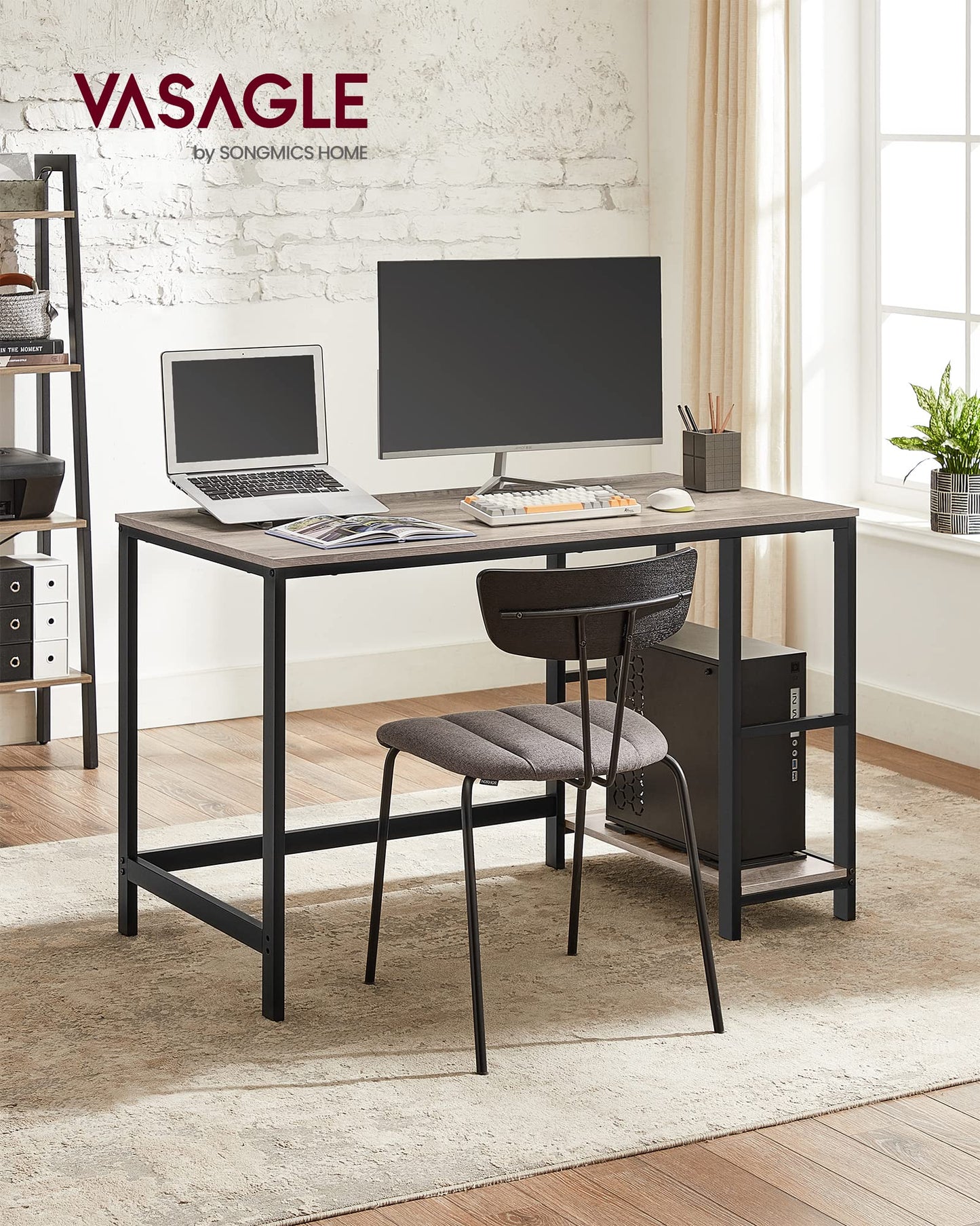 VASAGLE LWD55X Desk Computer Desk PC Desk Office Table with 2 Shelves on Right or Left Side for Office Living Room Steel Frame Industrial Design Vintage Brown/Black