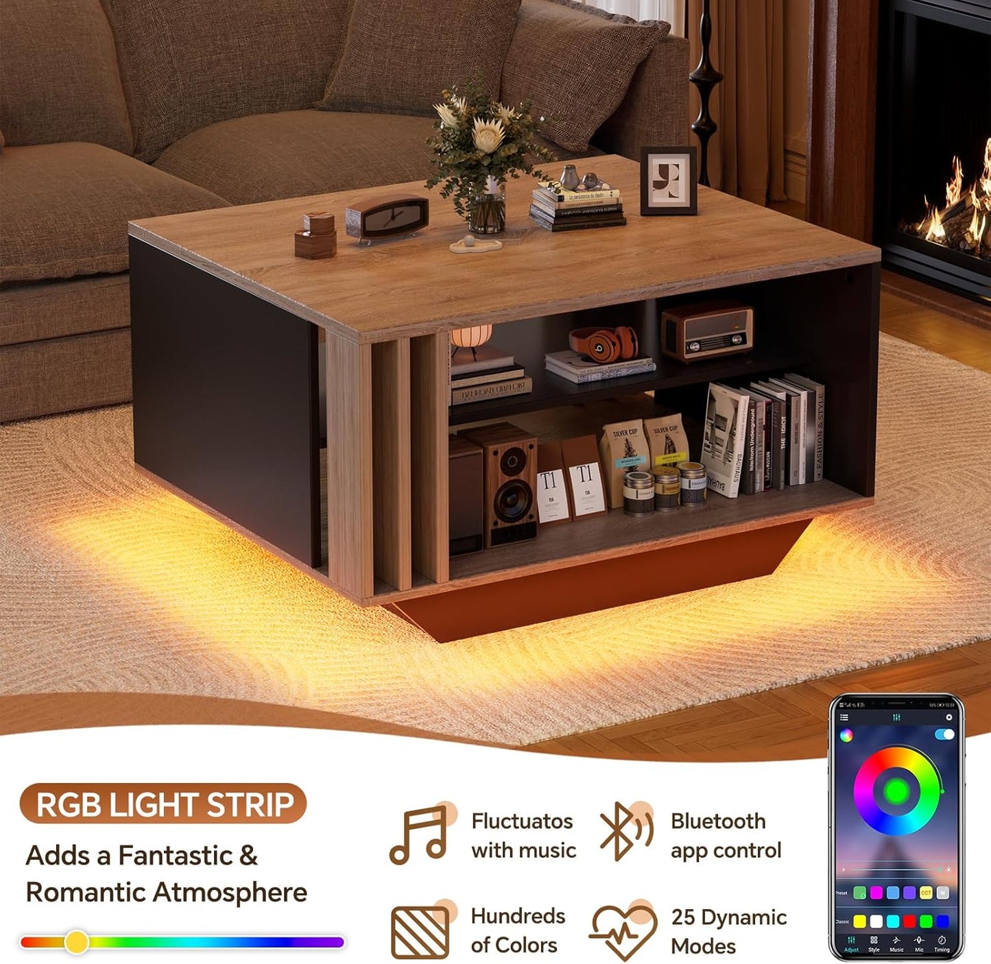 MSFE LED Coffee Table, Modern Living Room Table with Storage Space, Modern Table Living Room with Slats, 80 x 60 x 45 cm, Sofa Table, Living Room Table for Living Room/Dining Room, Living Room