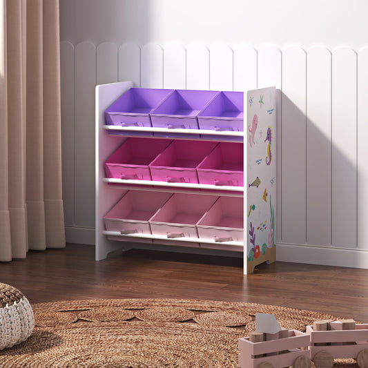 [en.casa] Boiro Children's Shelf, 60 x 62 x 30 cm, Standing with 9 Folding Boxes, Toy Storage Shelf, Ocean Motif