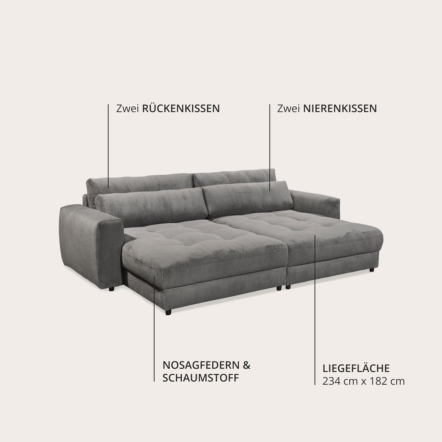 Barura Big Sofa in Corduroy Look, Ash - Comfortable Living Room Couch with Large Lying Surface - 292 x 90 (74) х 194 cm (W x H x D)