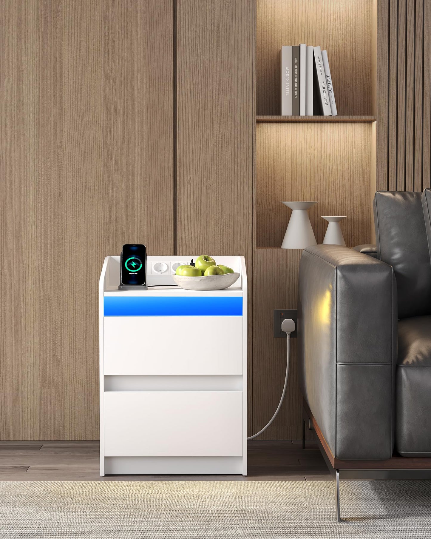 Hzuaneri Bedside Tables Set of 2 LED Lights, Charging Station and 2 Drawers, Side Table with USB Ports & Sockets, Stylish and Versatile, for Living Room and Bedroom, Black NS30104X