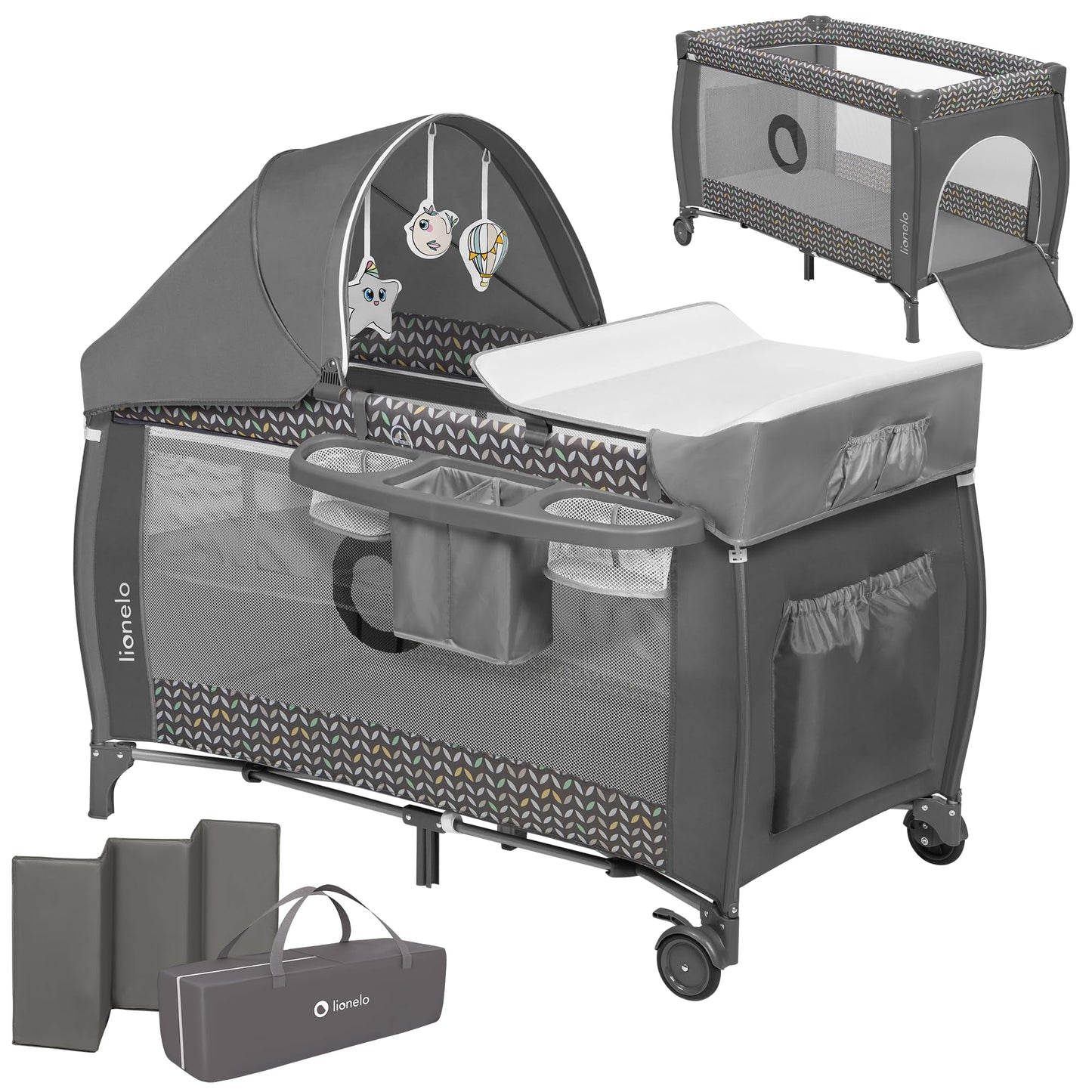 Lionelo Sven Plus 4-in-1 Baby Bed Baby from Birth to 15 kg Changing Mat Mosquito Net Airy Side Walls with Side Entrance Carry Bag Foldable