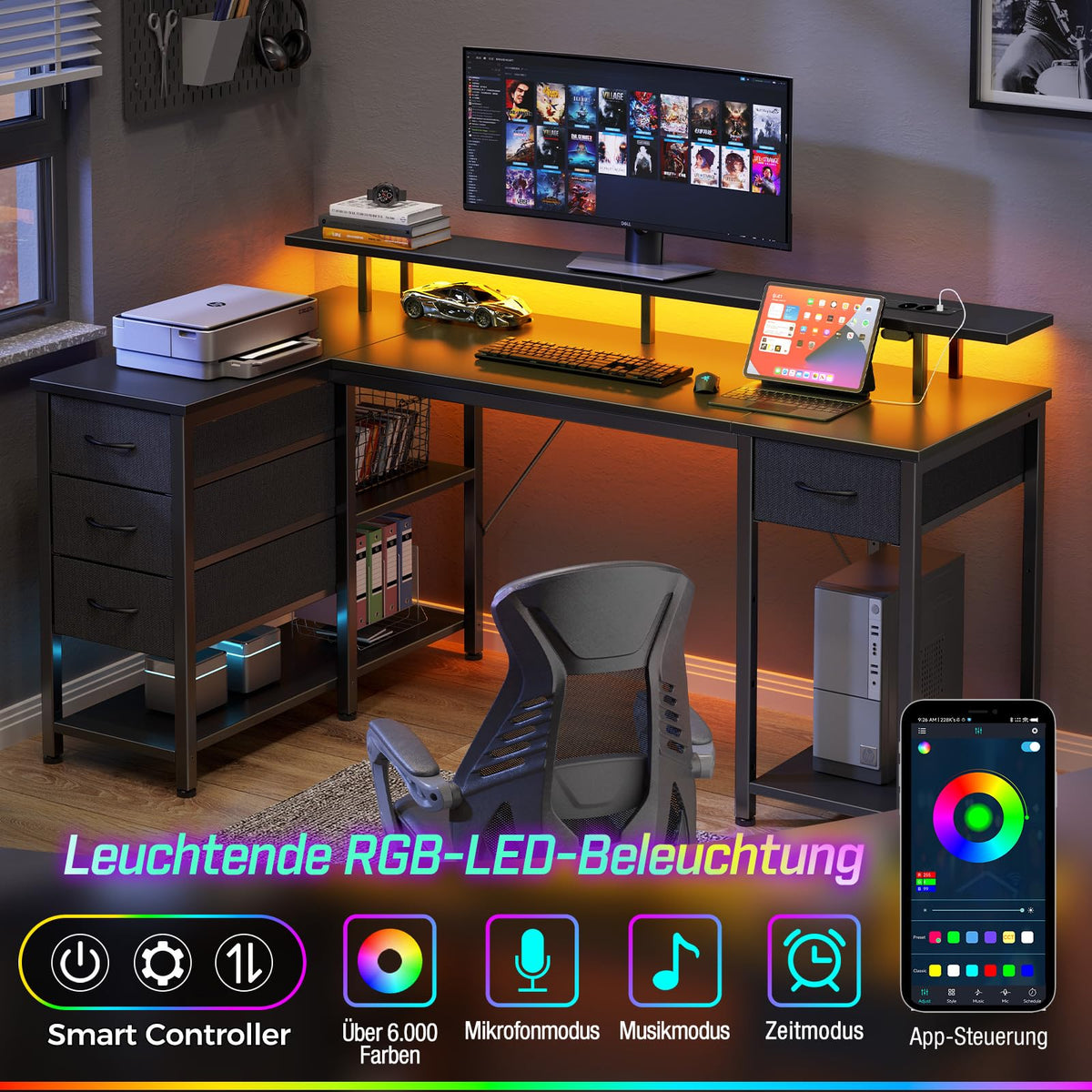 Seventable Computer Desk L Shape with 4 Drawers & Shelves, Gaming Table with LED & Sockets, Gaming Desk with Monitor Stand for Home Office, Bedroom, Living Room (White, 120 cm)