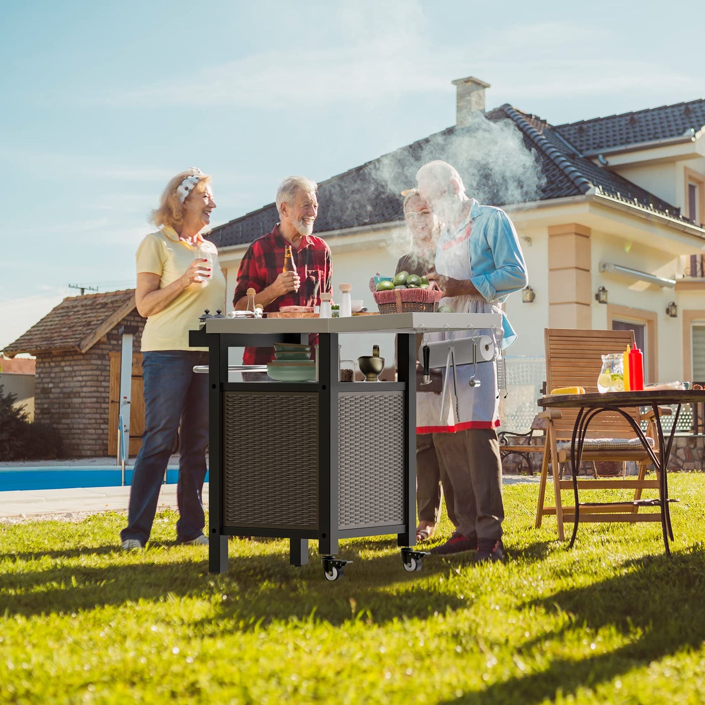 onlyfire Outdoor Barbecue Table, Grill Trolley with Folding Side Shelves, Outdoor Serving Trolley with Wheels, BBQ Table, Outdoor Side Table, Three Levels, Stainless Steel Table Top, 97.5 × 56 × 91 cm