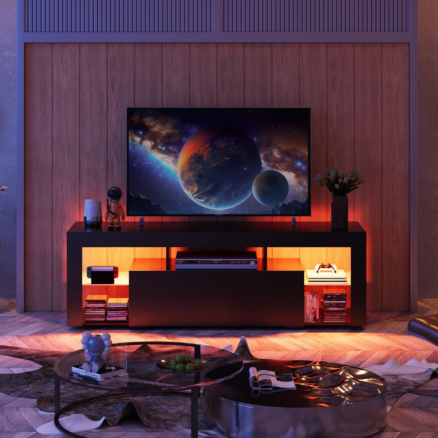 WLIVE TV Cabinet with LED, Lowboard Black for TVs up to 60 Inches, TV Stand for Living Room, 20 Colours LED Lighting, TV Cabinet with Open Storage Space and Drawers, Black