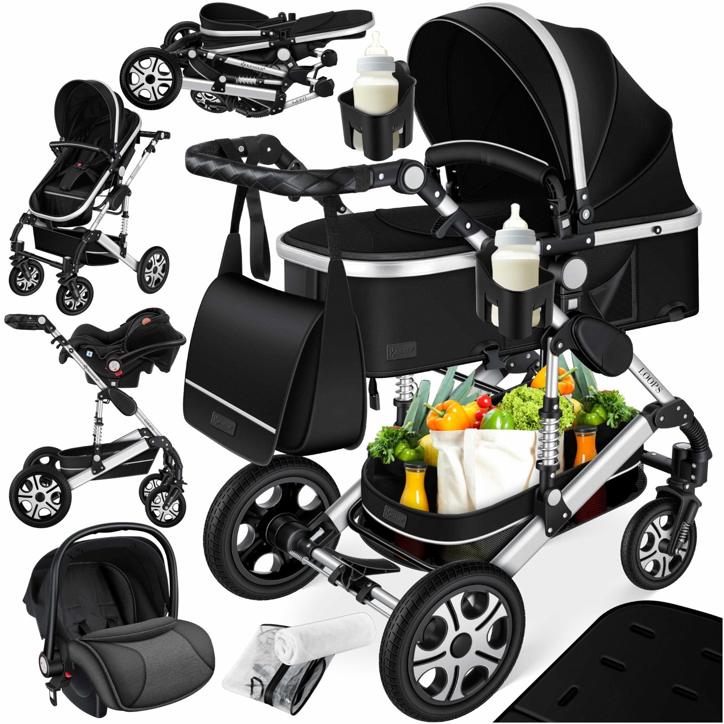 Kesser® Loops 3-in-1 Combination Pram, Complete Set Including Baby Tub & Buggy Sports Seat & Baby Car Seat, Full Rubber Tyres, Changing Bag / Rain Cover / Children's Table Set