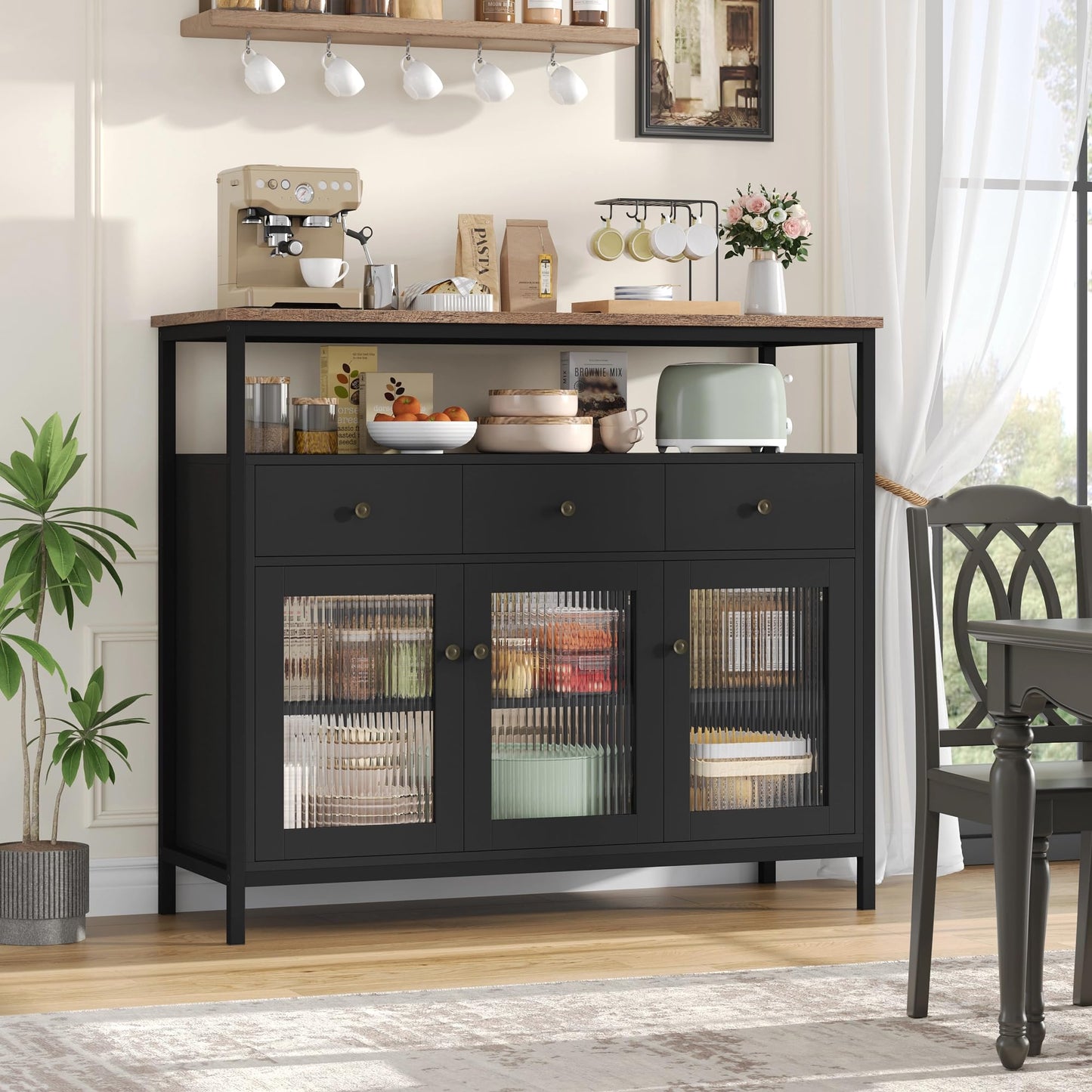 FirFurd Sideboard Küchenschrank mit Arbeitsplatte ＆3 Schubladen＆3 Glastüren, Buffetschrank Kommode Kaffeebar Mehrzweckschrank, Sideboard für Wohnzimmer Küche Esszimmer 108 x 38 x 98,5 cm schwarz