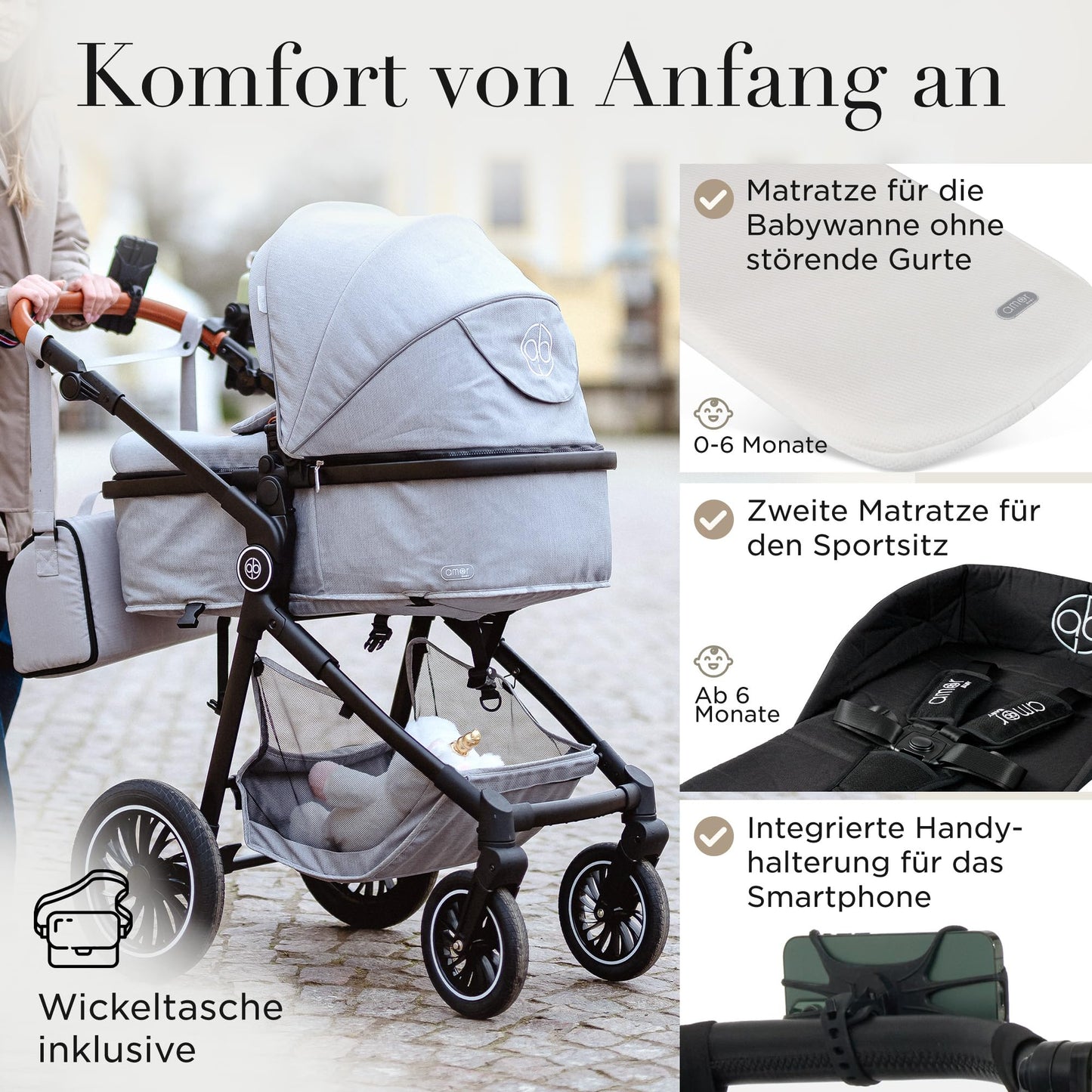 3-in-1 Pushchair and Car Seat with Baby Seat Chassis Combination Set | Stroller Baby | Isofix Station & 5-Point Safety Belt Pram Buggy Travel Buggy | Baby Pram