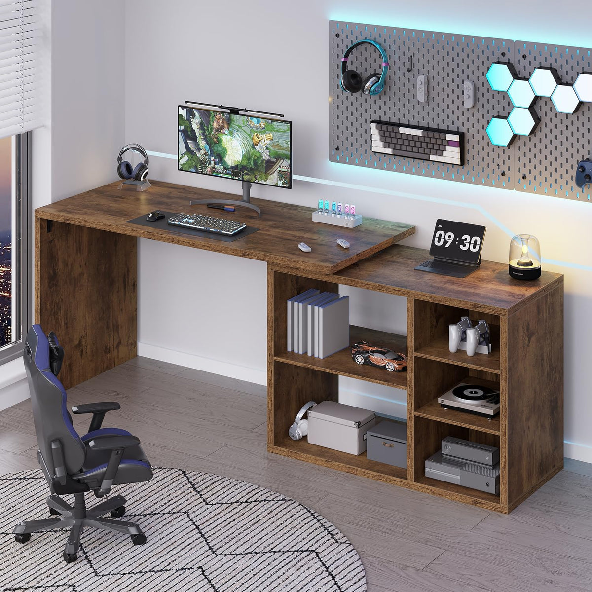 HSH Desk L Shape with Storage Space Corner Desk for Home Office Industrial Computer Desk Office Table Wood Design PC Table for Office Study Vintage Grey 140 cm