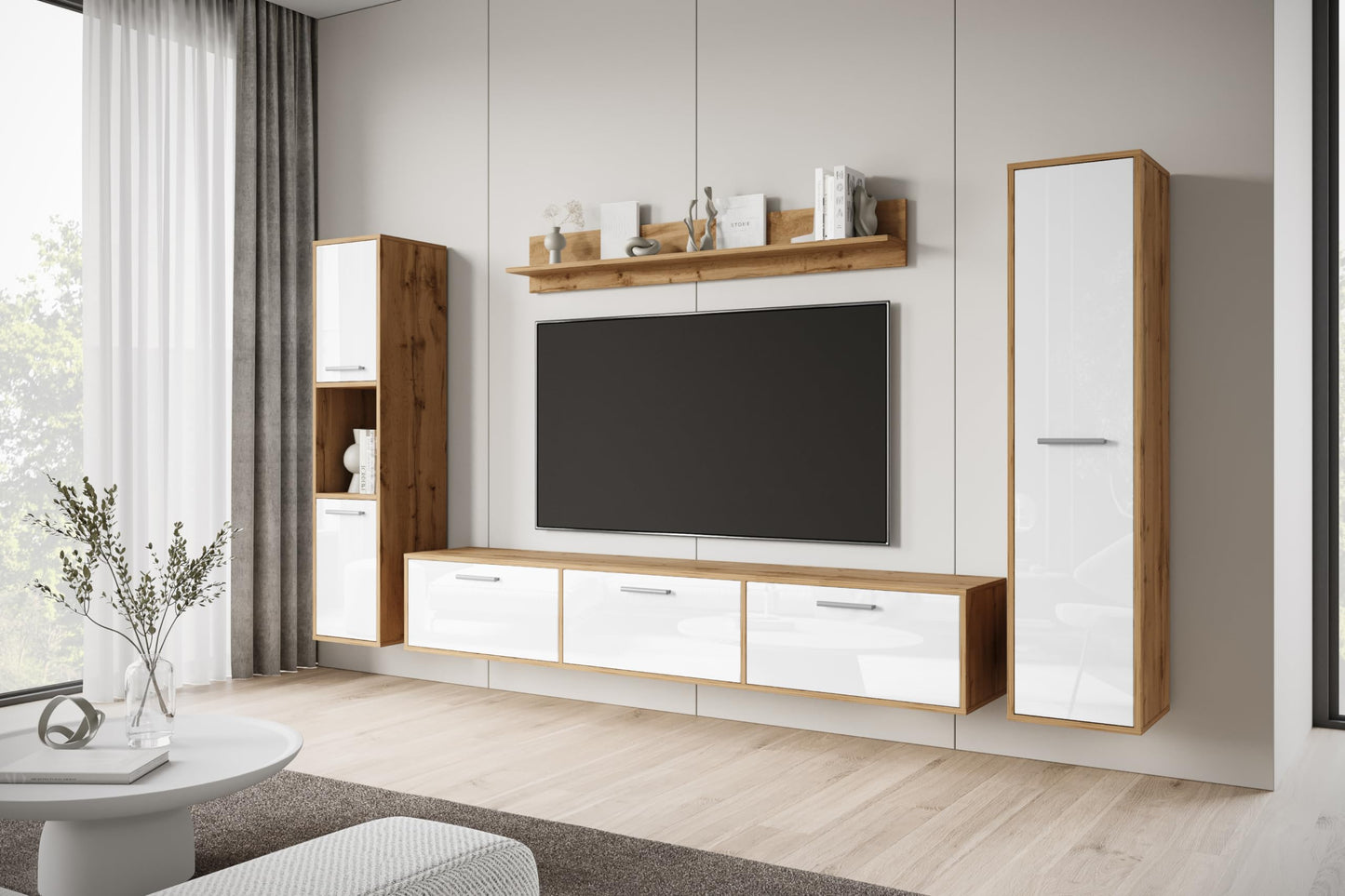 MINIO go for it - Living Room Wall Unit 4-Piece Toga, Living Room Furniture Set, 1 x TV Lowboard, 2 x Tall Cabinet, 1 x Wall Board, Living Room Furniture Complete, Living Room Set - Colour Wotan Oak