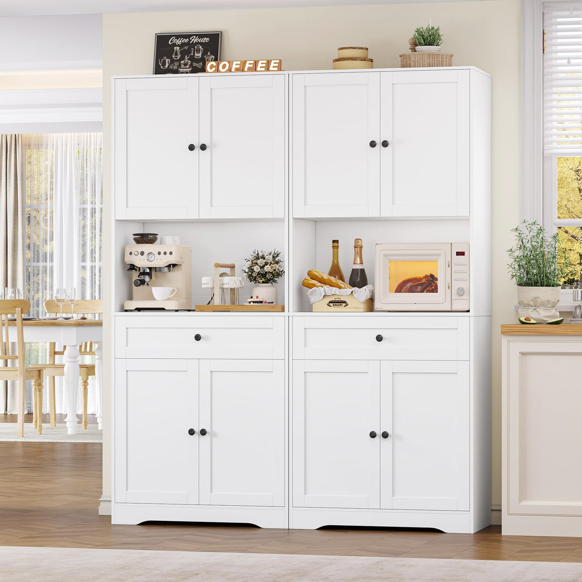 FOREHILL Tall Kitchen Cabinet, Kitchen Buffet Cabinet with Worktop, 4 Doors, Drawer, Cable Hole, Adjustable Shelves, Multi-Purpose Cabinet for Living Room, Kitchen, 75 x 40 x 180 cm, White