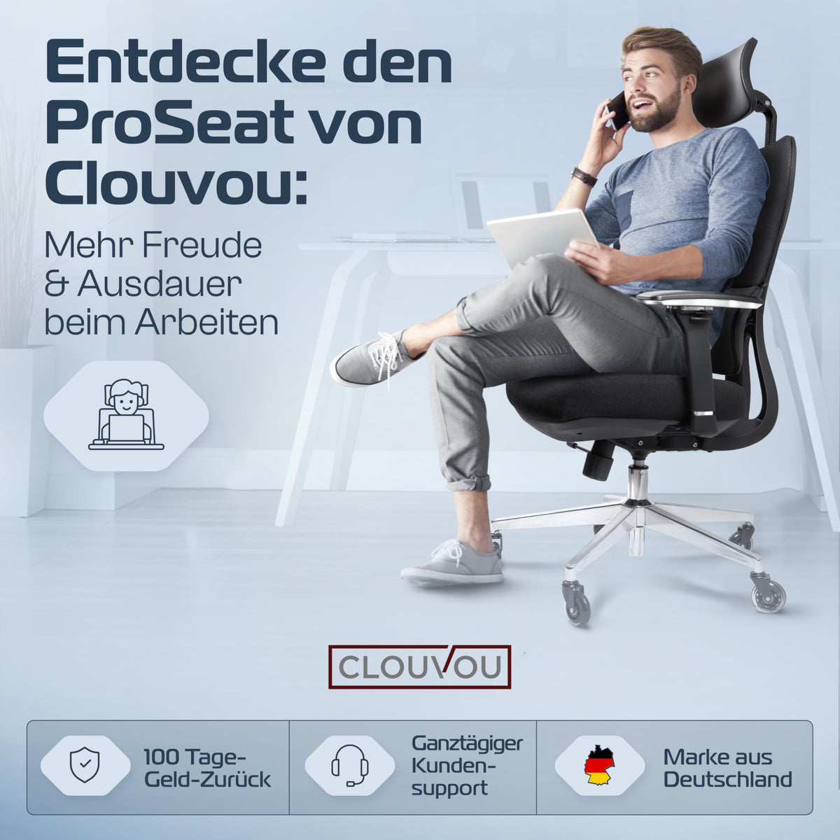 CLOUVOU BrightSeat Ergonomic Office Chair [Test Winner] Desk Chair 100% Individually Adjustable Office Chair & Gaming Chair Computer Chair Home Office Chair Ergonomic Swivel Chair 150 kg
