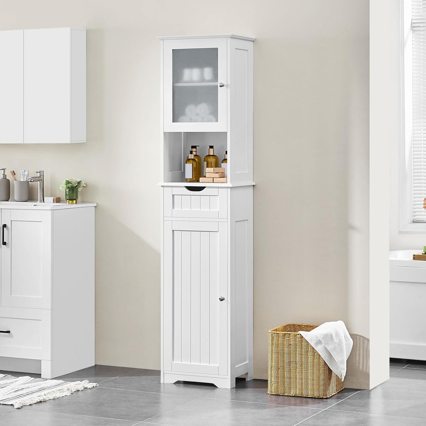 Yaheetech Badezimmerschrank Hochschrank Badschrank mit Schublade & 2 Türen und verstellbarem Einlegeboden Aufbewahrungsschrank Küchenschrank für Badezimmer/Wohnzimmer/Küche, 40 * 30 * 170 cm