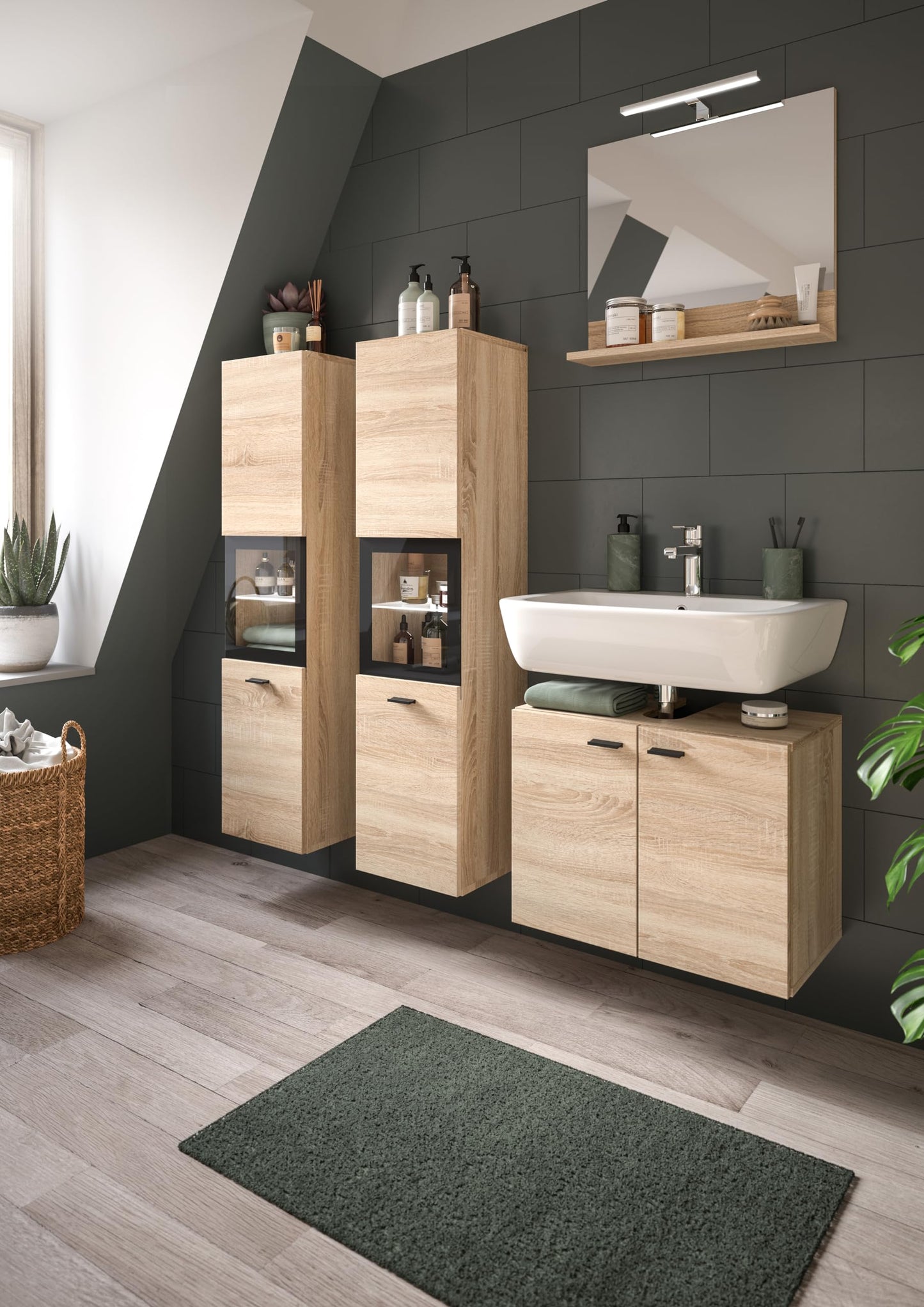 Boston Bathroom Cabinet, Standing Wall Cabinet, Hanging Cabinet, Wall Cabinet, Sonoma Oak Wood, Approx. 30 x 80 x 29 cm, Floor Standing/Hanging Mountable