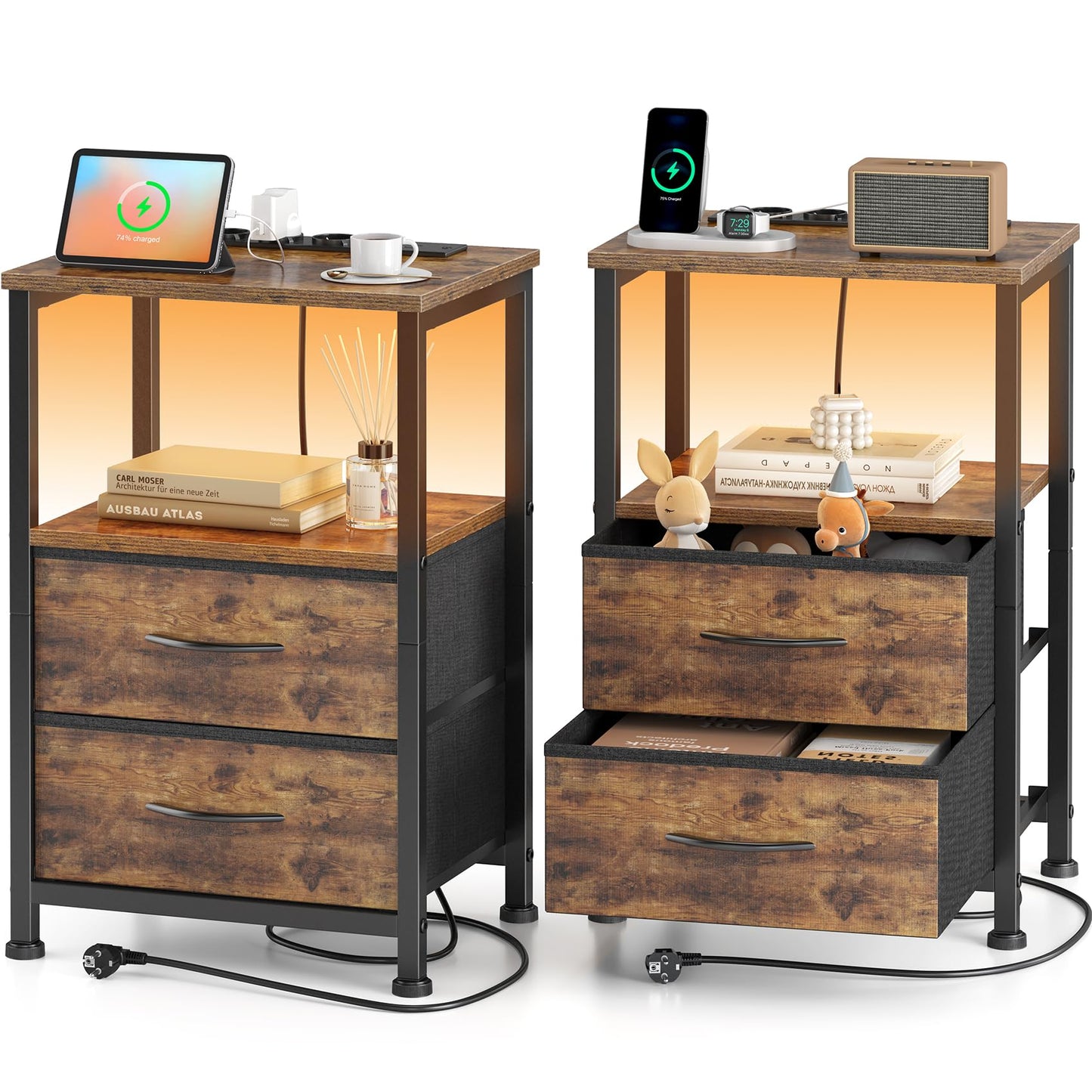 Bedside Table with LED & Charging Function, Side Table with Drawer, Bedside Tables with 3 AC Ports & 2 USB Ports, Side Tables for Living Room, Bedroom, White