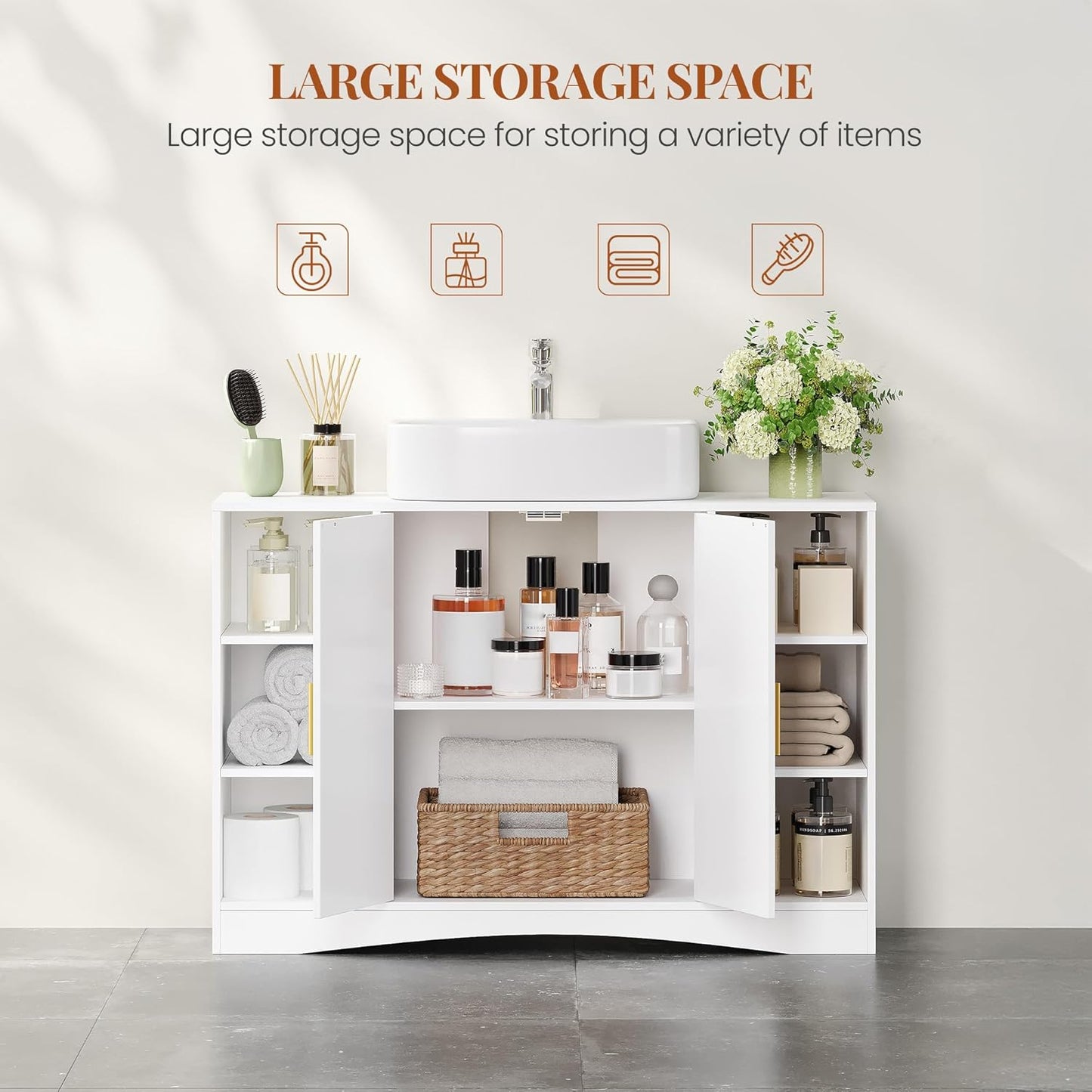 HEXCELEN Vanity Unit, Bathroom Cabinet, Vanity Unit with 2 Doors, 6 Open Compartments, Bathroom Cabinet, Adjustable Shelf, Lots of Storage Space, White, 30 x 90 x 61.2 cm