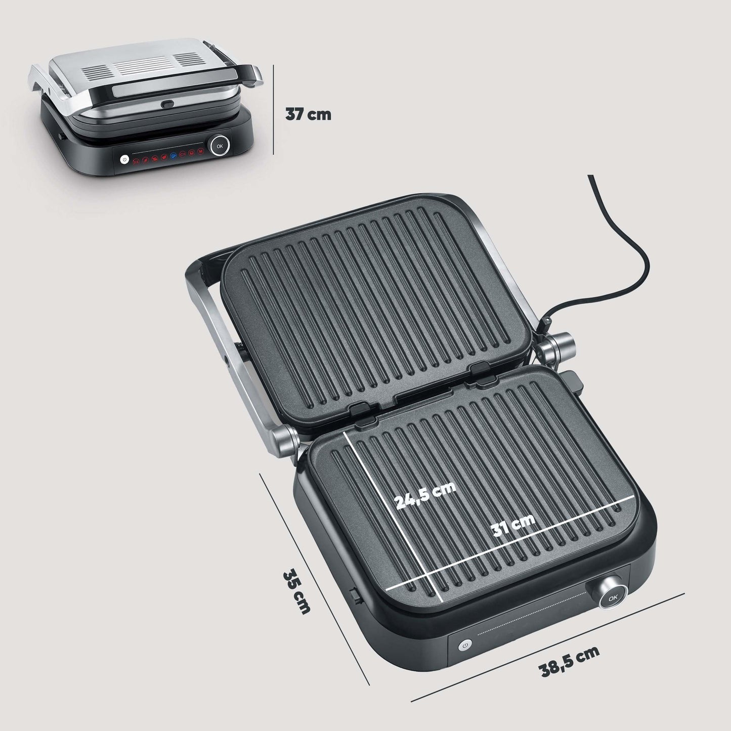 SEVERIN Kontaktgrill für Sandwiches, Steak und als Panini Grill, antihaftbeschichteter Sandwich Maker für fettfreies Grillen, 800 W, metallic grau/schwarz, KG 2394