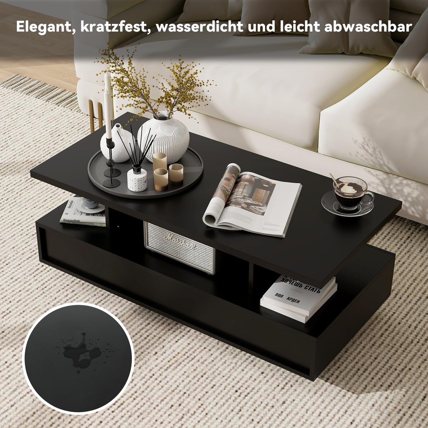 YU YUSING LED Coffee Table, Living Room Table, Coffee Table with 2 Drawers, 2 Shelves, 6000 Coloured LED Lighting, Remote Control, App Control, Side Table with Open, 105 x 50 x 39 cm, Modern White