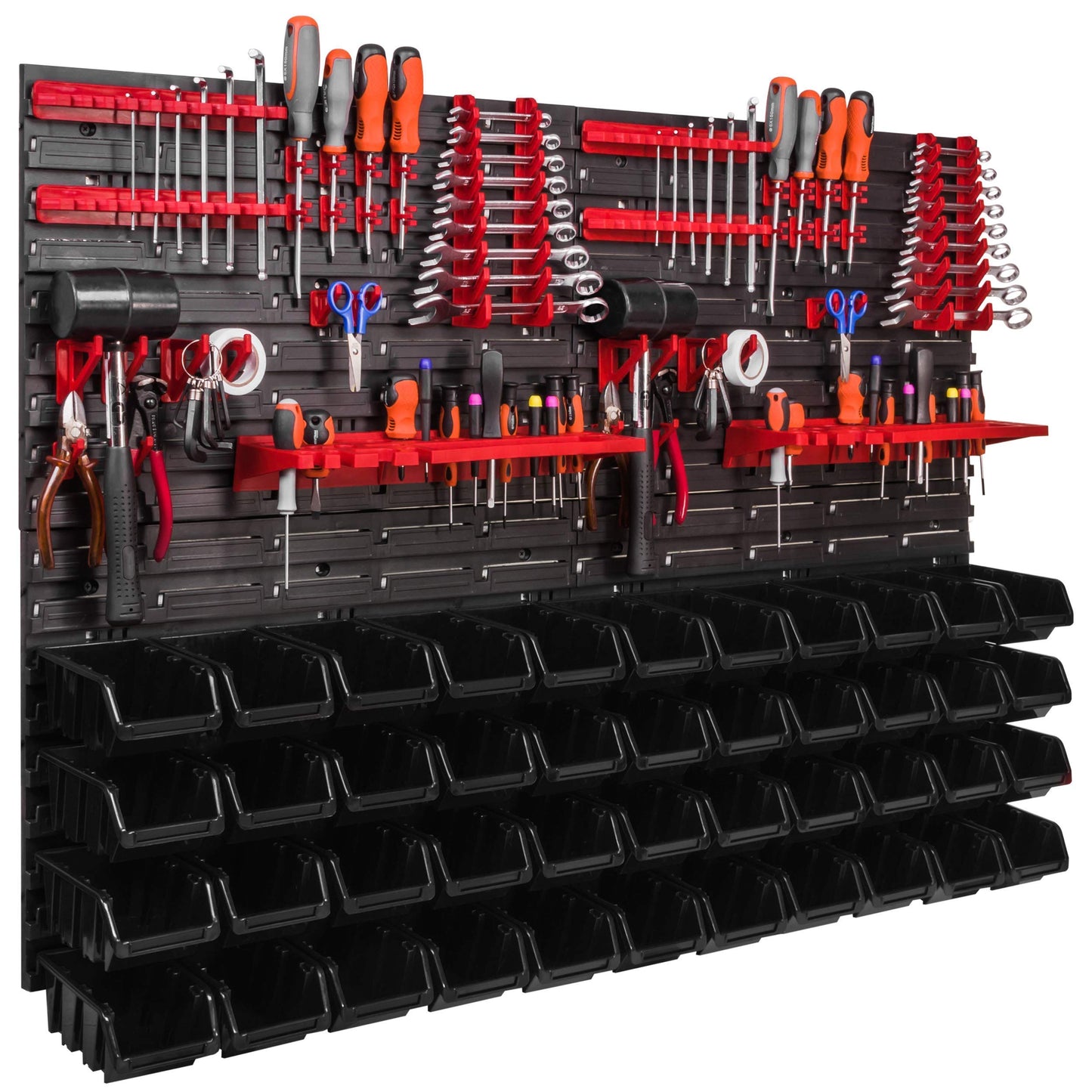 Storage System Wall Shelf 115 x 78 cm, Tool Holders, Pack of 56 Stacking Boxes, Storage Boxes, Extra Strong Wall Plates, Shelf Expandable, Workshop Shelf, Storage Shelf, Workshop Wall Shelf