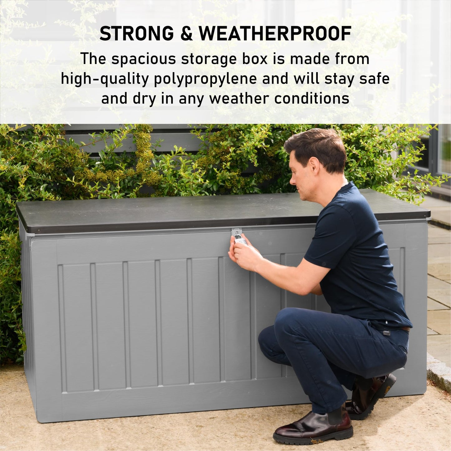Olsen & Smith 270L Large Capacity Outdoor Garden Storage Box with Padlock Plastic Shed - Weatherproof and Stand Up with Wood Effect Chest (270L, Black)