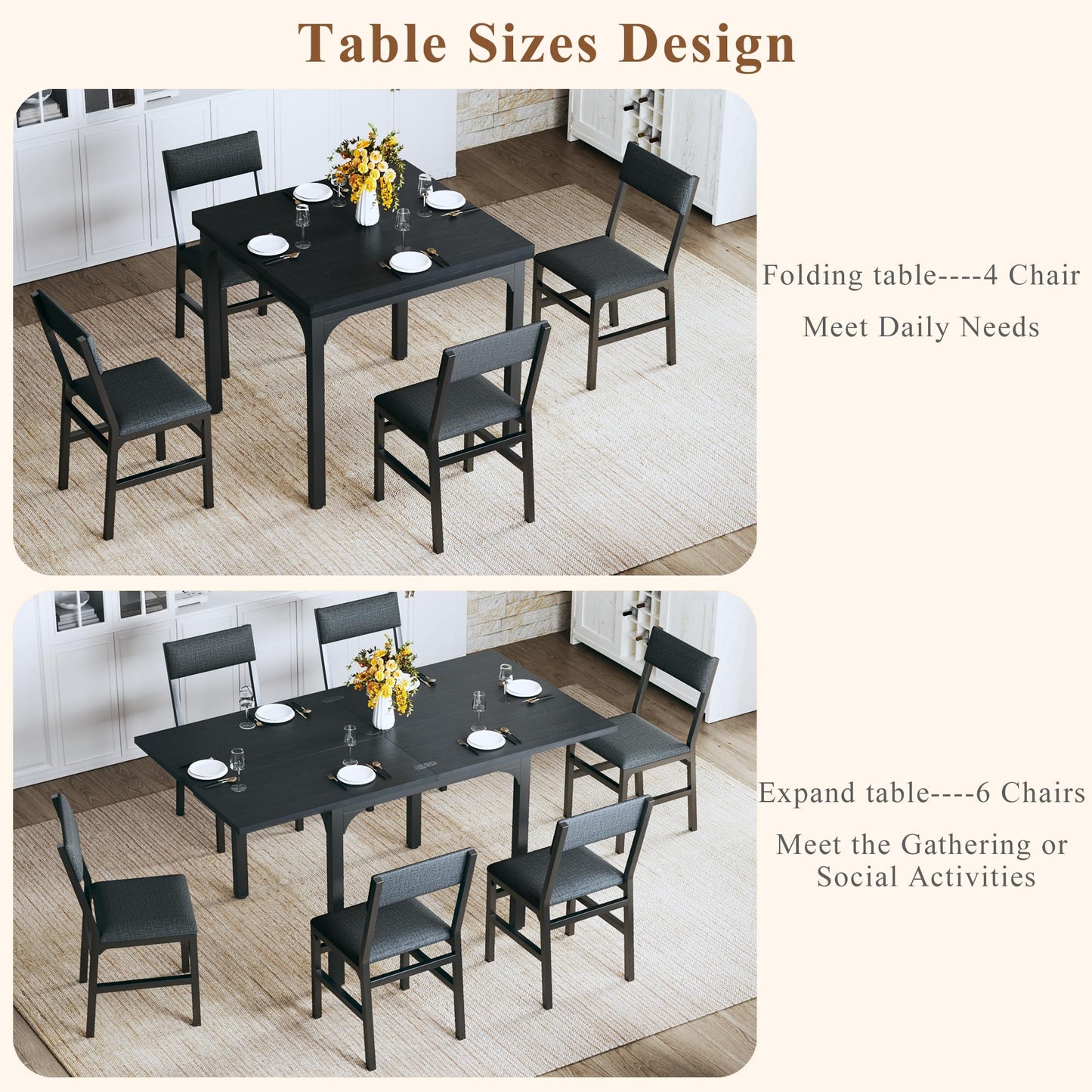 7-Piece Dining Table Set for 4-6, Extendable Kitchen Table Cushion Chairs Set of 6 with 6 Chairs, Rectangle Dining Table with Metal Frame & MDF Board, Folding for Small Apartment Saving Space,Grey Oak