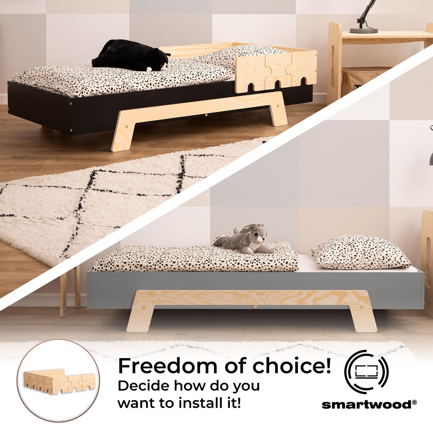 smartwood Kinderbett mit Lattenrost und Rausfallschutz Puzzle BR2 Montessori einzelbett für Jungen und Mädchen - Bett aus Kiefer Sperrholz mit Rausfallschutz und Lattenrost - Grau - 90x200 cm
