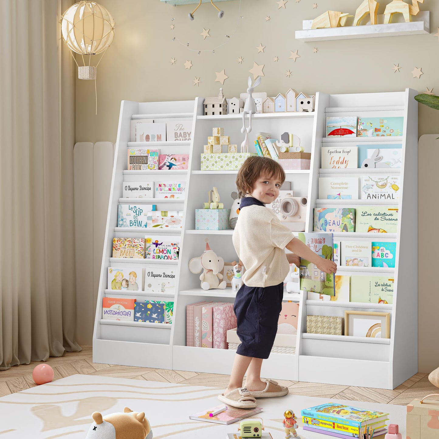 FOREHILL 129 cm Breite Kinderregal, Bücherregal für Kinder mit 14 Ablagen, Kinderzimmer Möbel aus Holz, Spielzeugregal, Regal für Kinderzimmer, Kindergarten, Leseecke, 129 x 120 x 35 cm (weiß)