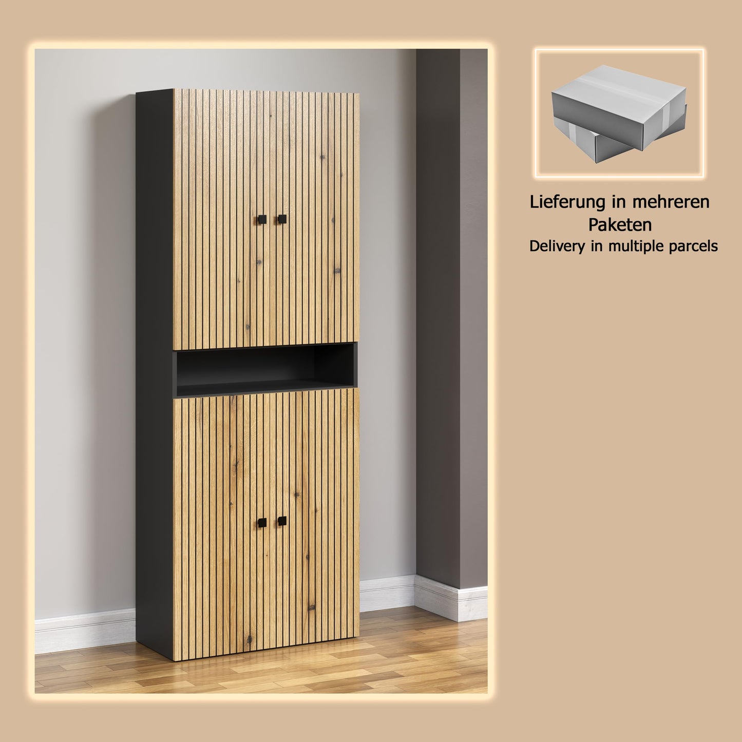 trendteam smart living - PureBliss - Hochschrank - Eiche - Badezimmerschrank in moderner Rillenoptik - edle Metallgriffe - (BxHxT) 40 x 186 x 31 cm - 2 praktische Einlegeböden - kratzfest