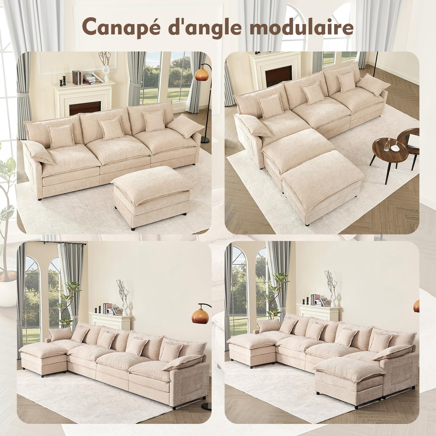 Litbird U-förmiges modulares Sofa 3-Sitzer Ecksofa mit Hocker, tiefes Sitzdesign, Cloud Couch für Wohnzimmer(Hellbraun)