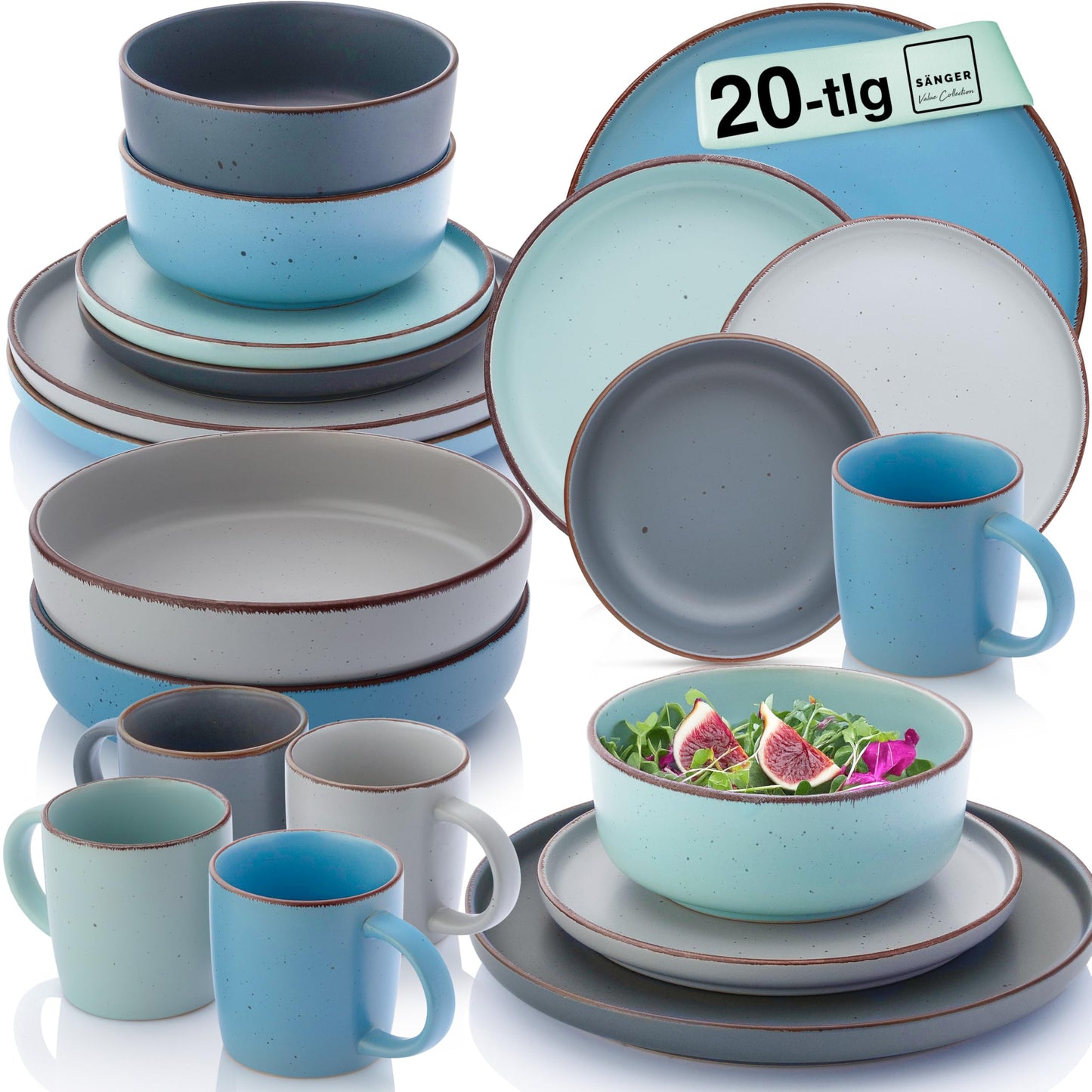 SÄNGER Bombay Seabed Crockery Service 20 Pieces, Stoneware Crockery for 4 People, 4 x Dinner Plates, 4 x Dessert Plates, 4 x Bowls, 4 x Pasta Plates, 4 x Coffee Mugs, Plate Set Colourful Value