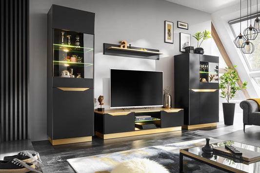 Generisch Fame Living Room Set Living Room Wall Shelf TV Wall Matt High Gloss Showcase Cabinet Lowboard Wall Shelf with LED (White/Artisan Oak)