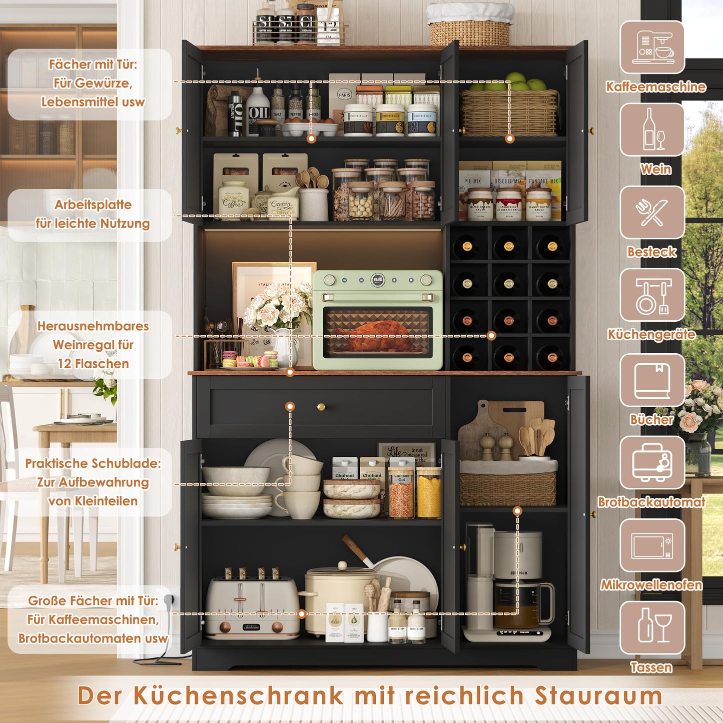 FirFurd Kitchen Cabinet 180 cm Buffet Cabinet with LED Sideboard for Kitchen with Power Strip Kitchen Cabinet with Worktop and Wine Rack for 12 Bottles Kitchen Buffet Kitchen Furniture 180 x 100 x 39