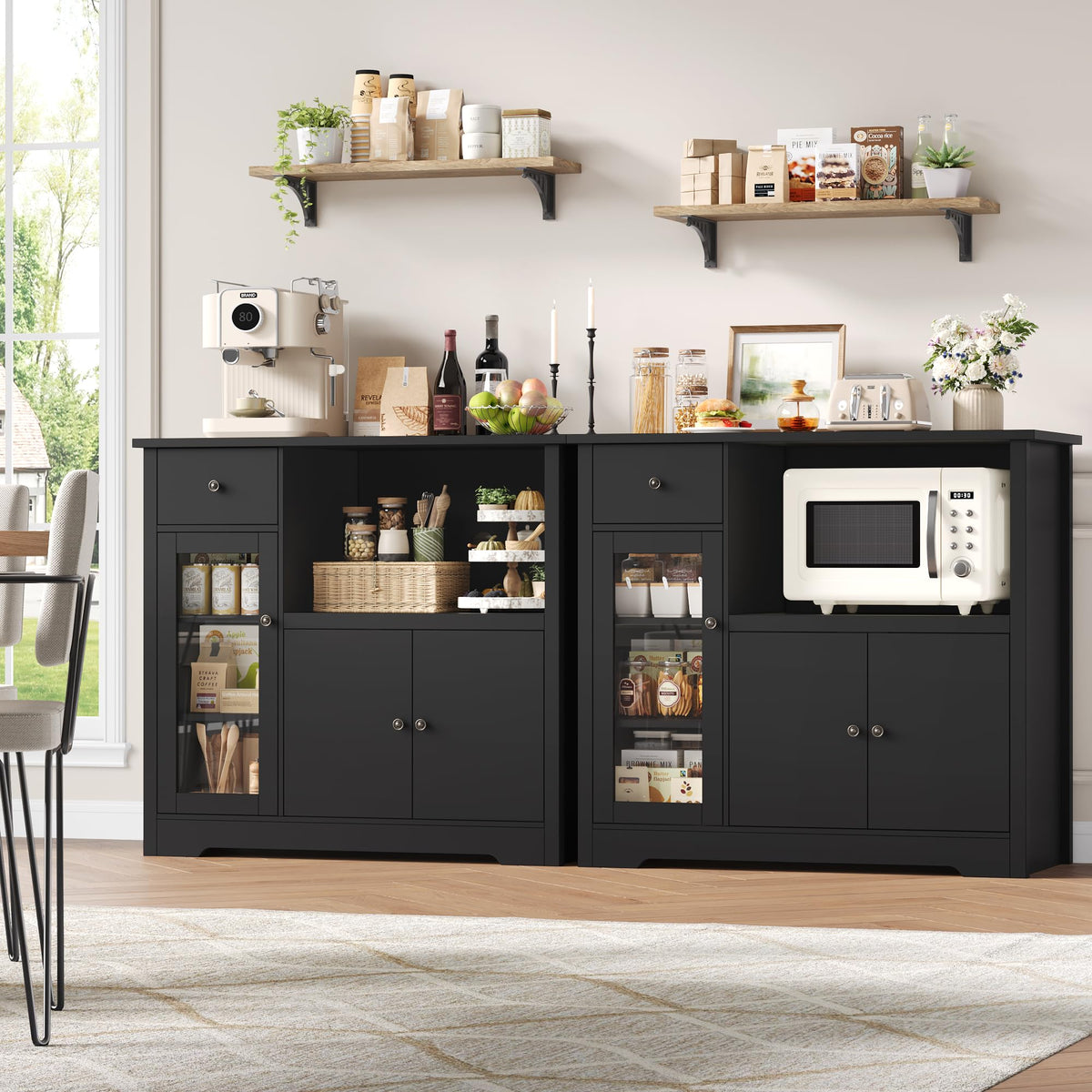 HOCSOK Kitchen Cabinet with Worktop, Sideboard Kitchen with Microwave Shelf, Buffet Cabinet with 1 Drawer, 3 Doors, Adjustable Shelves, for Kitchen, Dining Room, Living Room, White