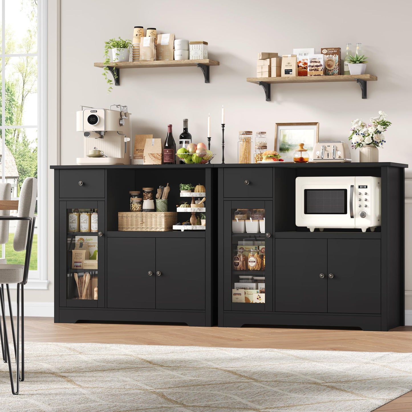 HOCSOK Kitchen Cabinet with Worktop, Sideboard Kitchen with Microwave Shelf, Buffet Cabinet with 1 Drawer, 3 Doors, Adjustable Shelves, for Kitchen, Dining Room, Living Room, Black