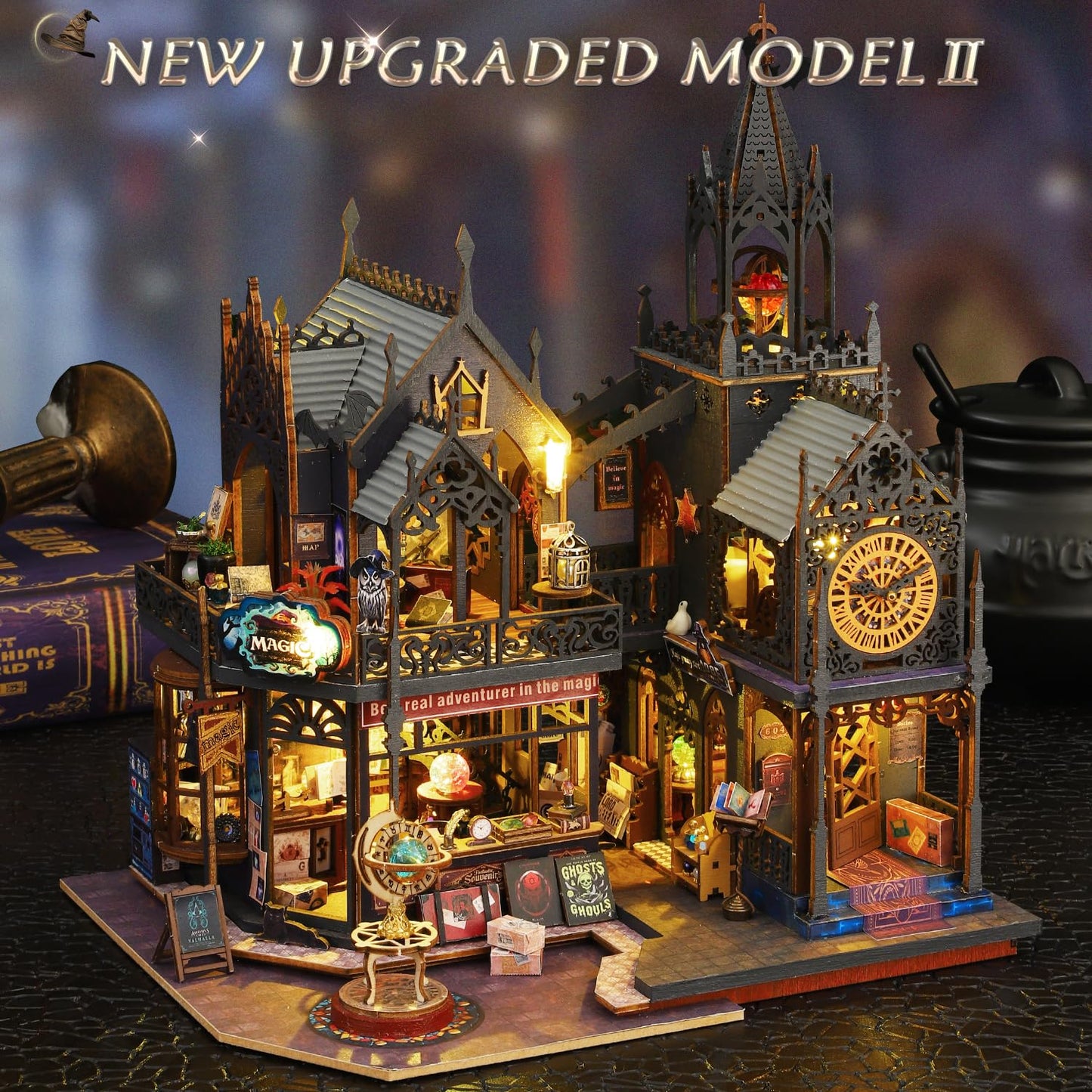 Mostop DIY Miniature Dollhouse Kit,Wooden Dollhouse Construction Kit,Miniature House Kit with LED Light und Bewegungen,Creative Room Idea for Children/Adults,Magic House,DIY Kits (Twilight Book City)