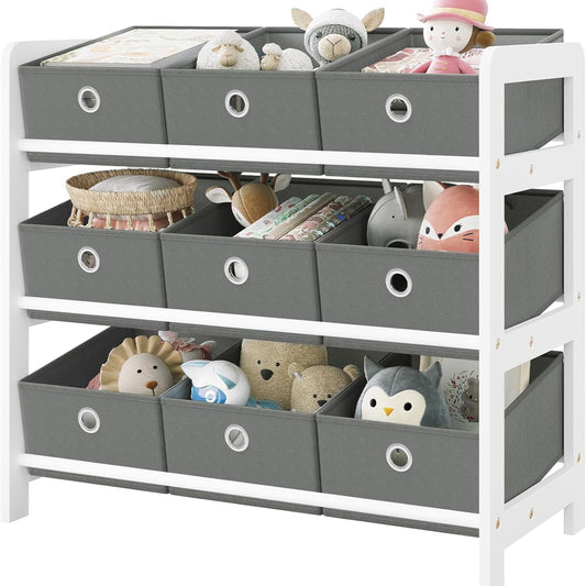 Lestarain Children's Shelf with 9 Boxes, Children's Bookcase, Toy Storage, Montessori Toy Shelf, Children's Room, Playroom, Nursery, 63.5 x 58 x 29.5 cm, Wood, White Grey