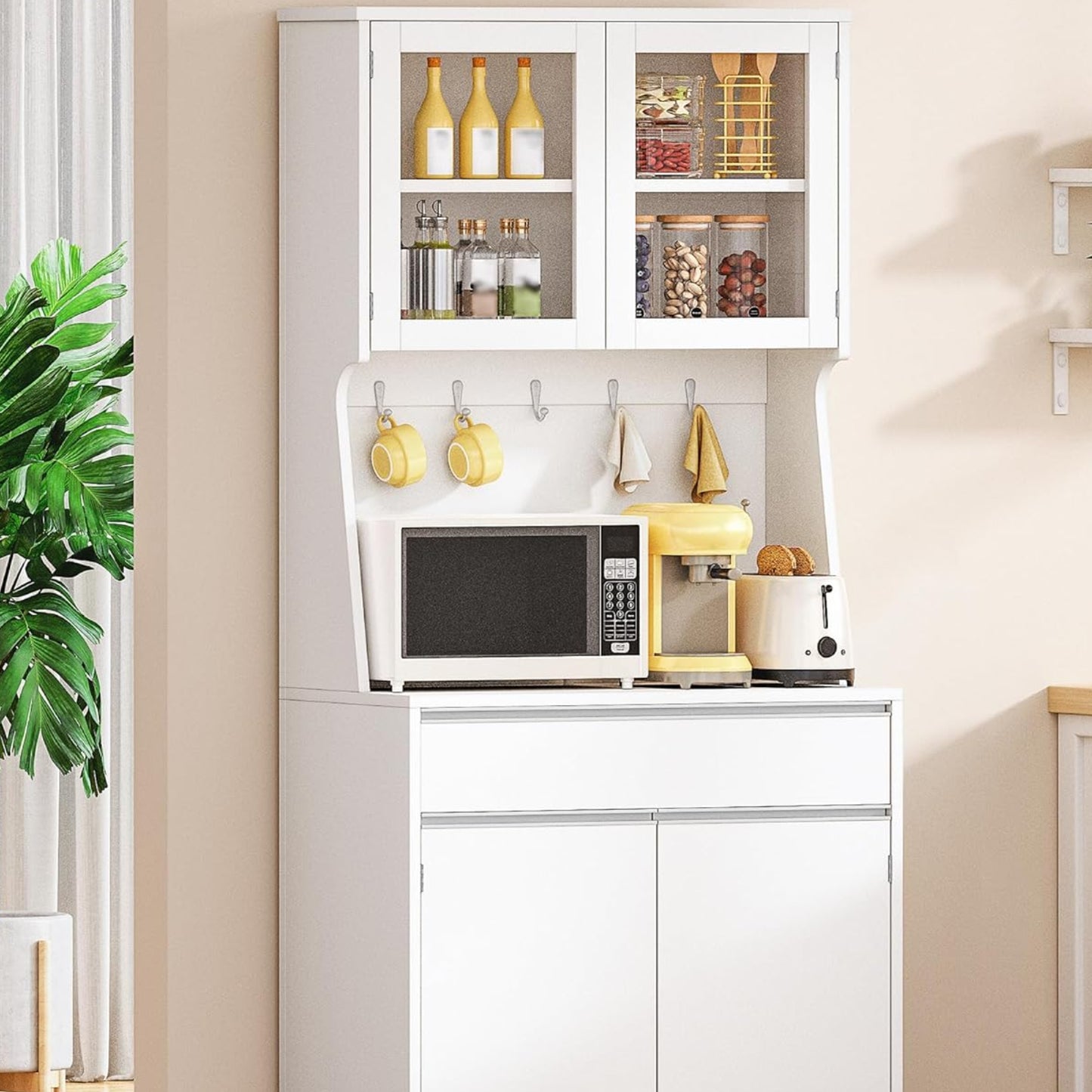 Hzuaneri PT40003X Kitchen Cabinets, Buffet Cabinet, Tall Cabinet with Worktop and 4 Storage Compartments, Adjustable Shelves, Suitable for Kitchen or Living Room, 40 × 75 × 180 cm, Hemp White