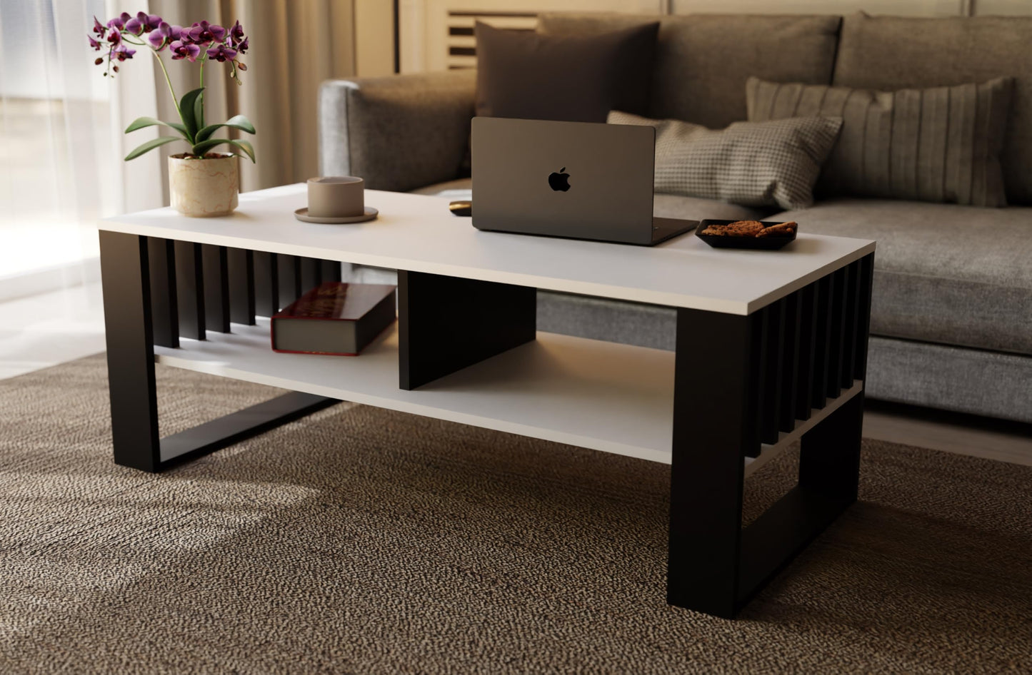 Meble Pitus Coffee Table White - Modern Living Room Table 90 x 50 x 50 cm with Storage Space & Slat Design