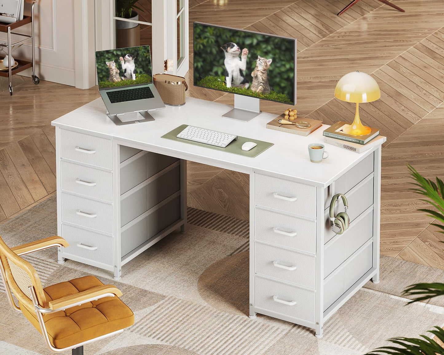 Coleshome Desk with 8 Fabric Drawers, 120 x 48 cm, Desk with Storage Space, Computer Desk with Headphones, Office Table, PC Table, Office Table for Office, Living Room, Home Office, Brown