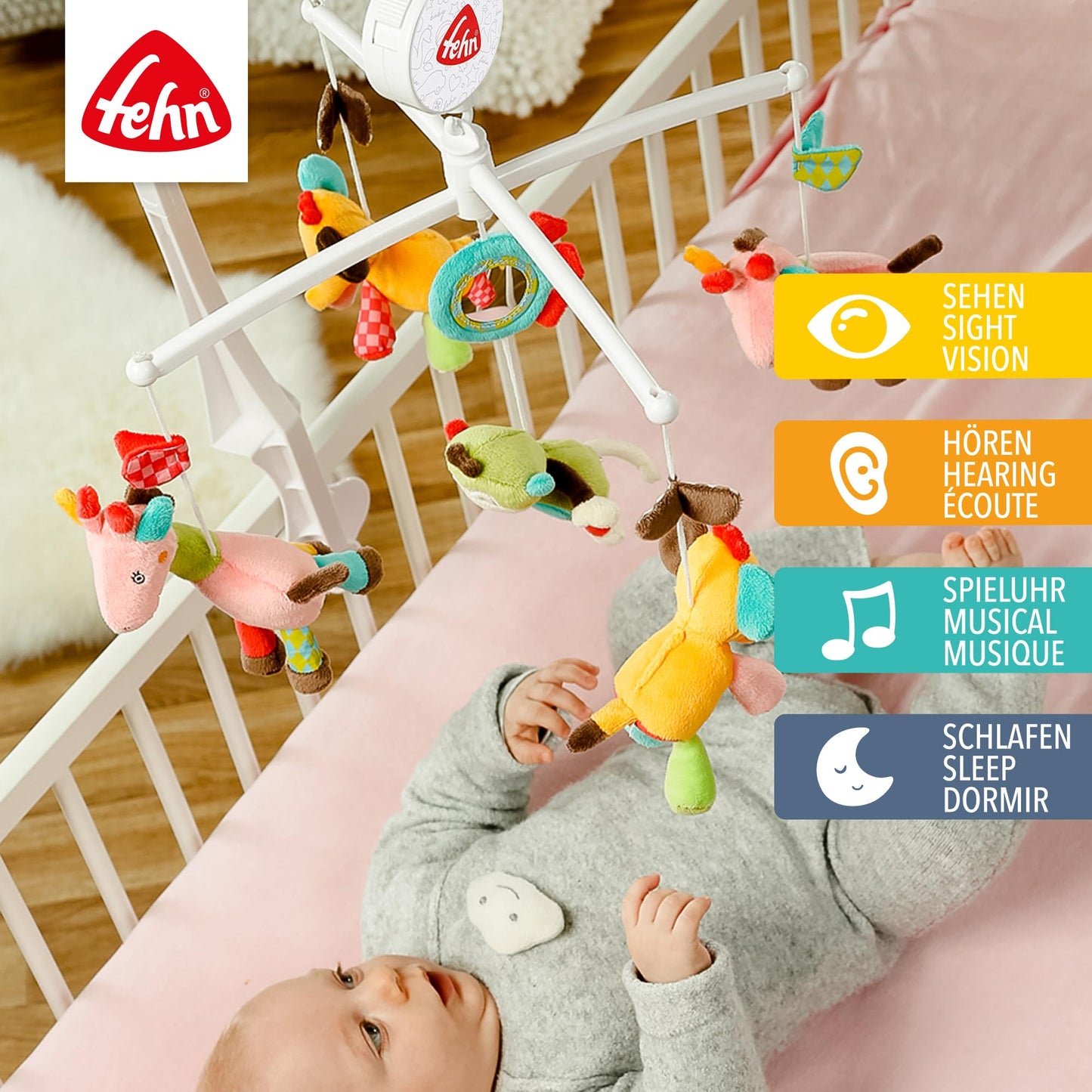 Fehn 053180 Good Night Music Mobile, With Melody "Weißt du wie viel Sternlein stehen" and Cute Figures with "Glow-in-the-Dark" Embroidery, For Babies from 0-5 Months, Size: Diameter 40 cm