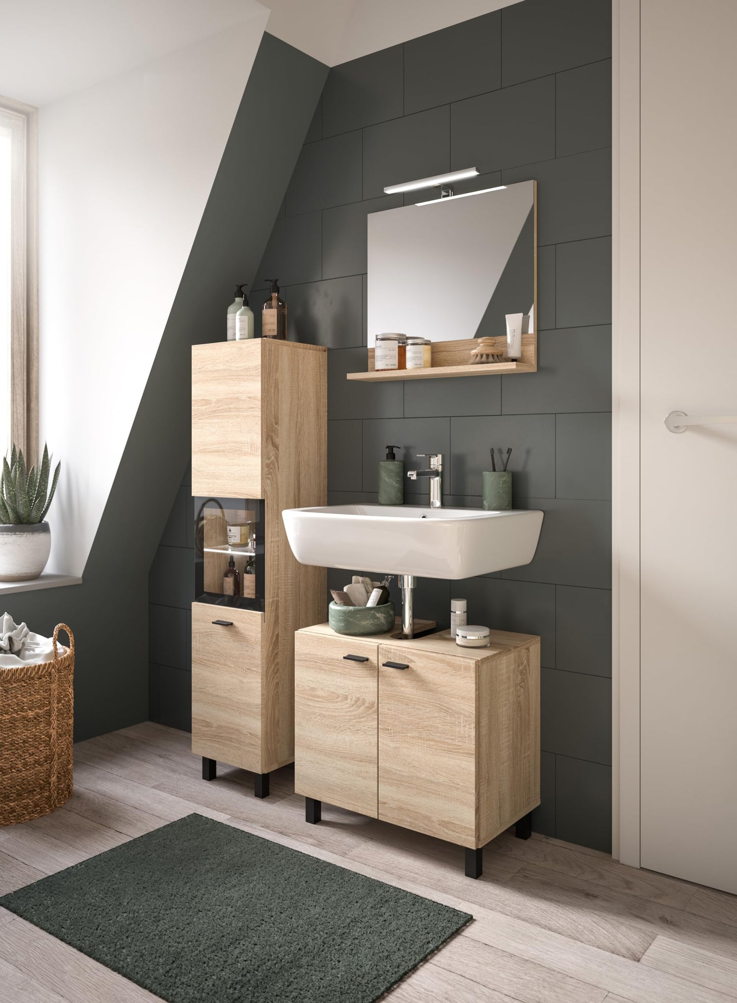 Boston Bathroom Cabinet, Standing Wall Cabinet, Hanging Cabinet, Wall Cabinet, Sonoma Oak Wood, Approx. 30 x 80 x 29 cm, Floor Standing/Hanging Mountable