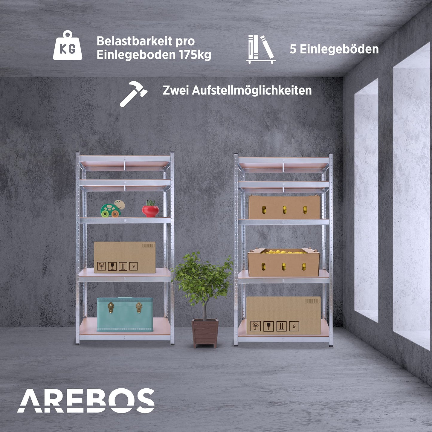 Arebos Heavy Duty Shelving Set of 2 | 180 x 75 x 45 cm | 875 kg Load Capacity | 5 MDF Panels | Easy to Assemble with Plug-In System Shelving Unit Storage Shelving Cellar Shelving Workshop Shelving