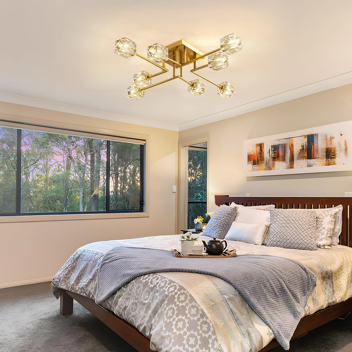 Modern Kistall Semi-Flush Ceiling Light Living Room, 8 Lights, Gold Crystal Chandelier, Semi-Flush Crystal Chandelier, Luxury Ceiling Light for Bedroom, Dining Room