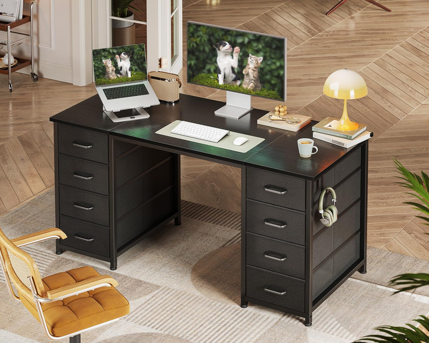 Coleshome Desk with 8 Fabric Drawers, 120 x 48 cm, Desk with Storage Space, Computer Desk with Headphones, Office Table, PC Table, Office Table for Office, Living Room, Home Office, Brown