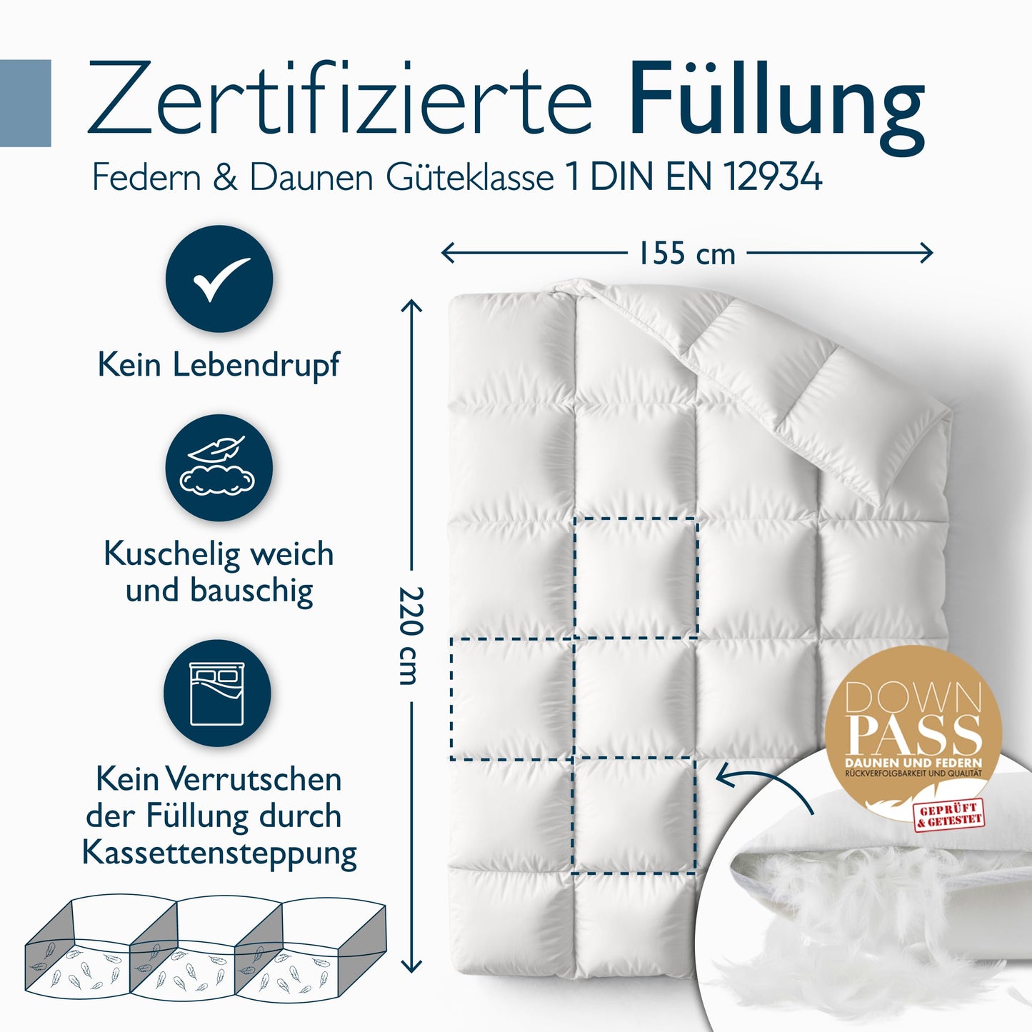 Beautissu All-Year Duvet Feather Duvet 135 x 200 cm with 100% Down and Feathers - Made in Germany - Oeko-Tex, Downpass & Nomite Certified - 100% Cotton Cover Down Duvet 135 x 200 cm Washable - GF