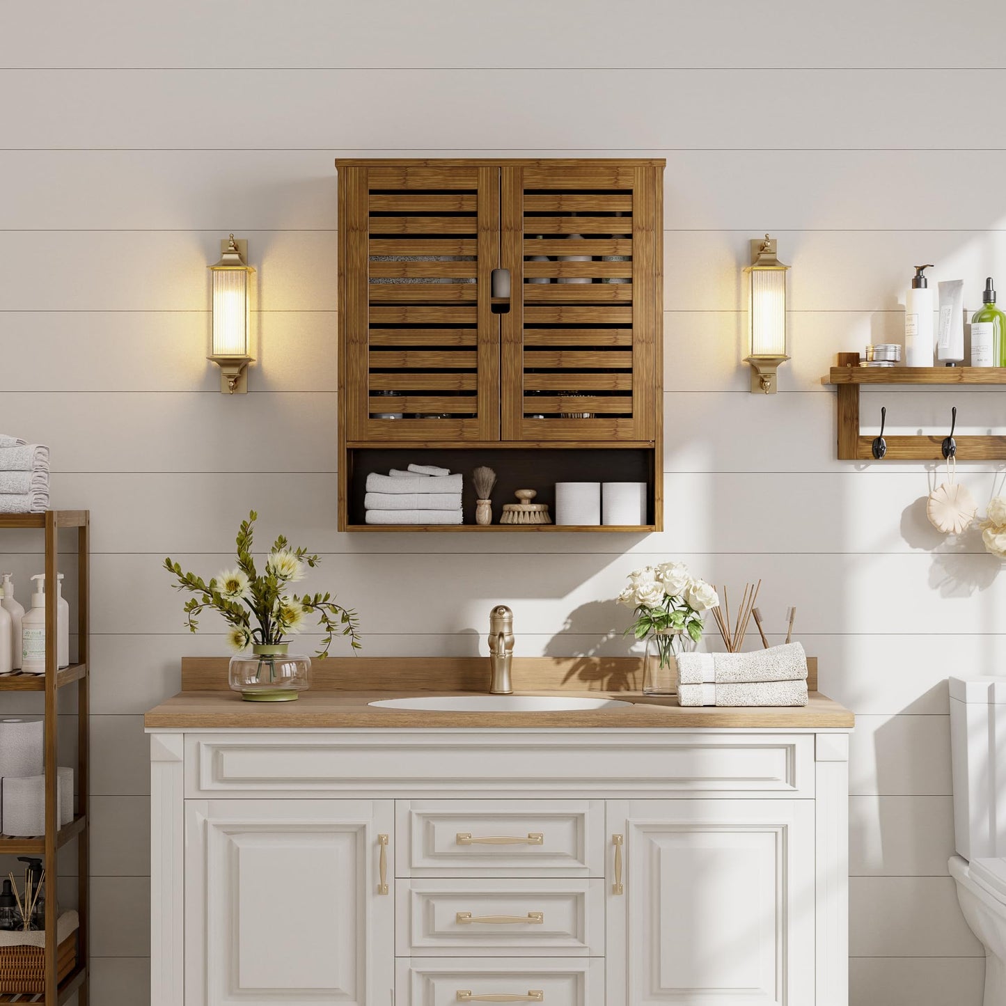 SMIBUY Bathroom Cabinet, Wall Mounted, Bamboo Over the Toilet Storage Organiser, Space Saving Medicine Cabinet with 2 Doors and Adjustable Shelves (Black)